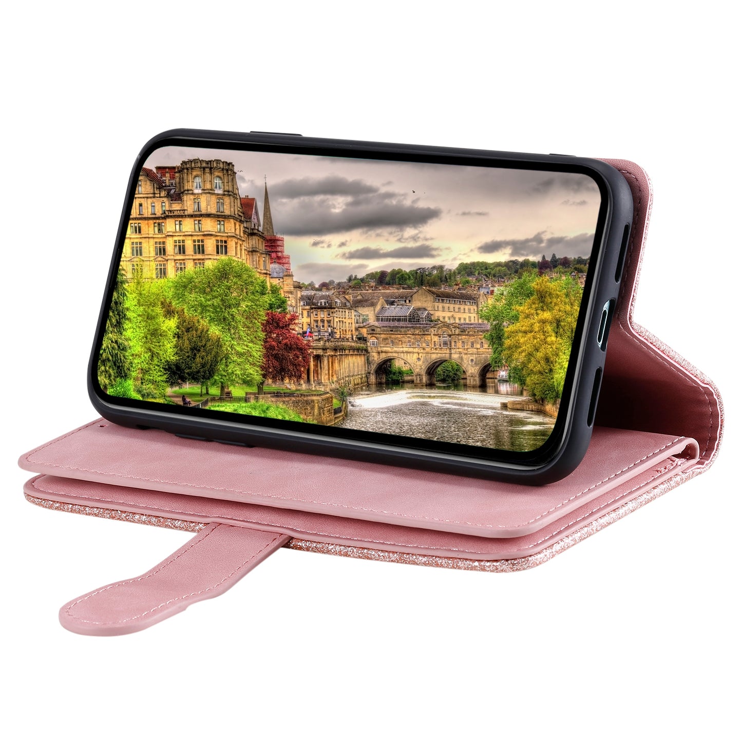 PU Leather Phone Case for iPhone 15 Protective Case Zipper Pocket 9 Card Slots Phone Cover with Strap - Rose Gold