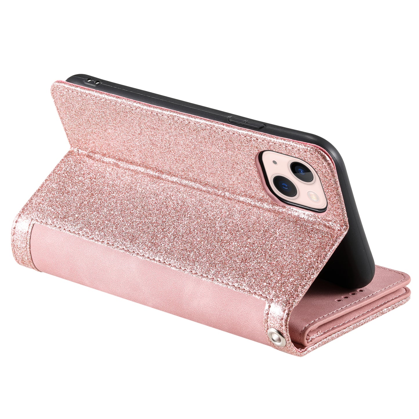 PU Leather Phone Case for iPhone 15 Protective Case Zipper Pocket 9 Card Slots Phone Cover with Strap - Rose Gold