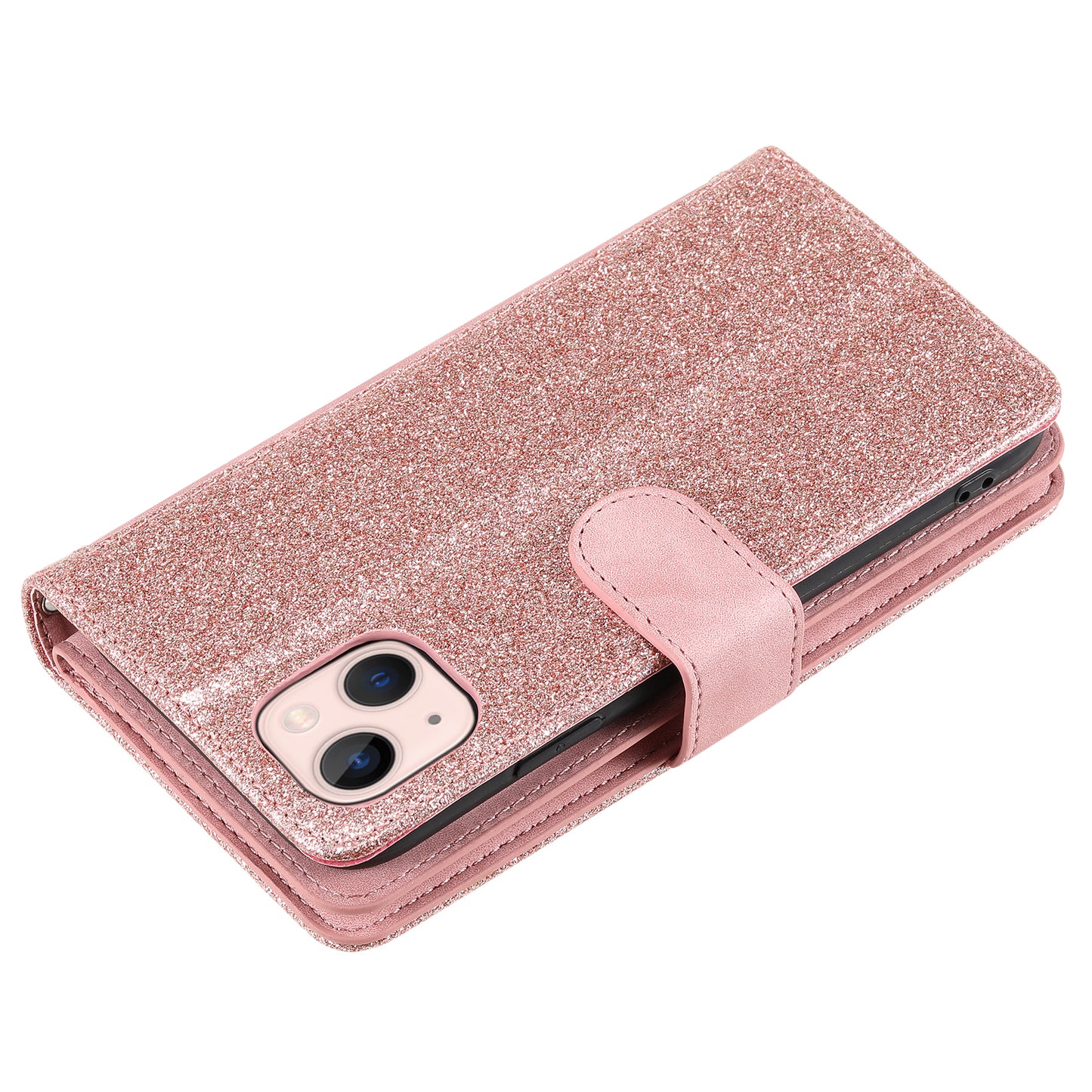 PU Leather Phone Case for iPhone 15 Protective Case Zipper Pocket 9 Card Slots Phone Cover with Strap - Rose Gold