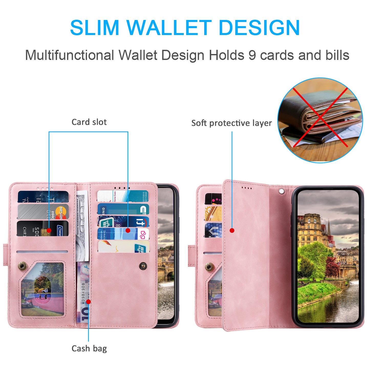 PU Leather Phone Case for iPhone 15 Protective Case Zipper Pocket 9 Card Slots Phone Cover with Strap - Rose Gold