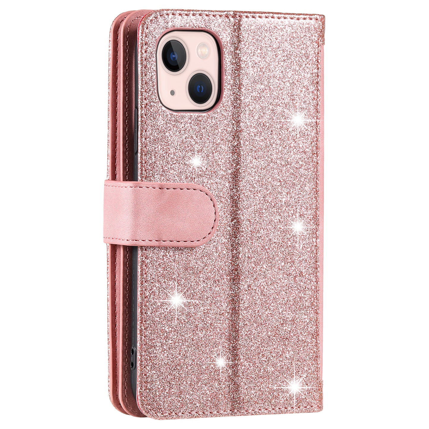 PU Leather Phone Case for iPhone 15 Protective Case Zipper Pocket 9 Card Slots Phone Cover with Strap - Rose Gold