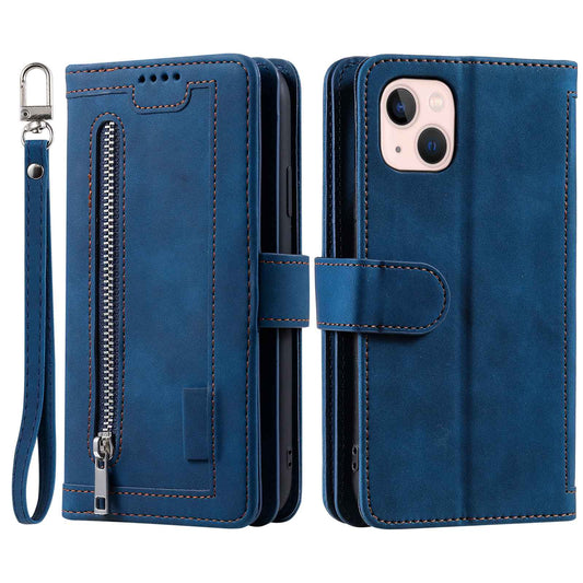 PU Leather Phone Case for iPhone 15 Protective Case Zipper Pocket 9 Card Slots Phone Cover with Strap - Blue
