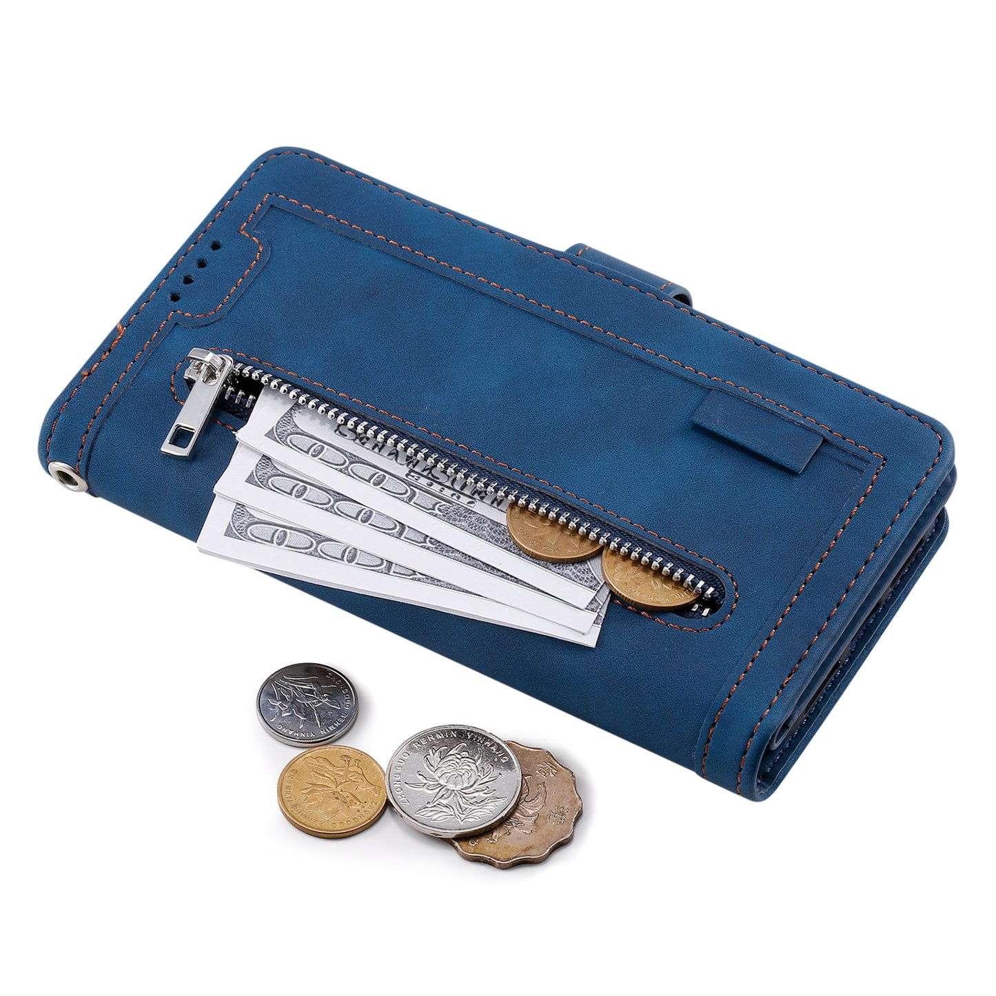 PU Leather Phone Case for iPhone 15 Protective Case Zipper Pocket 9 Card Slots Phone Cover with Strap - Blue
