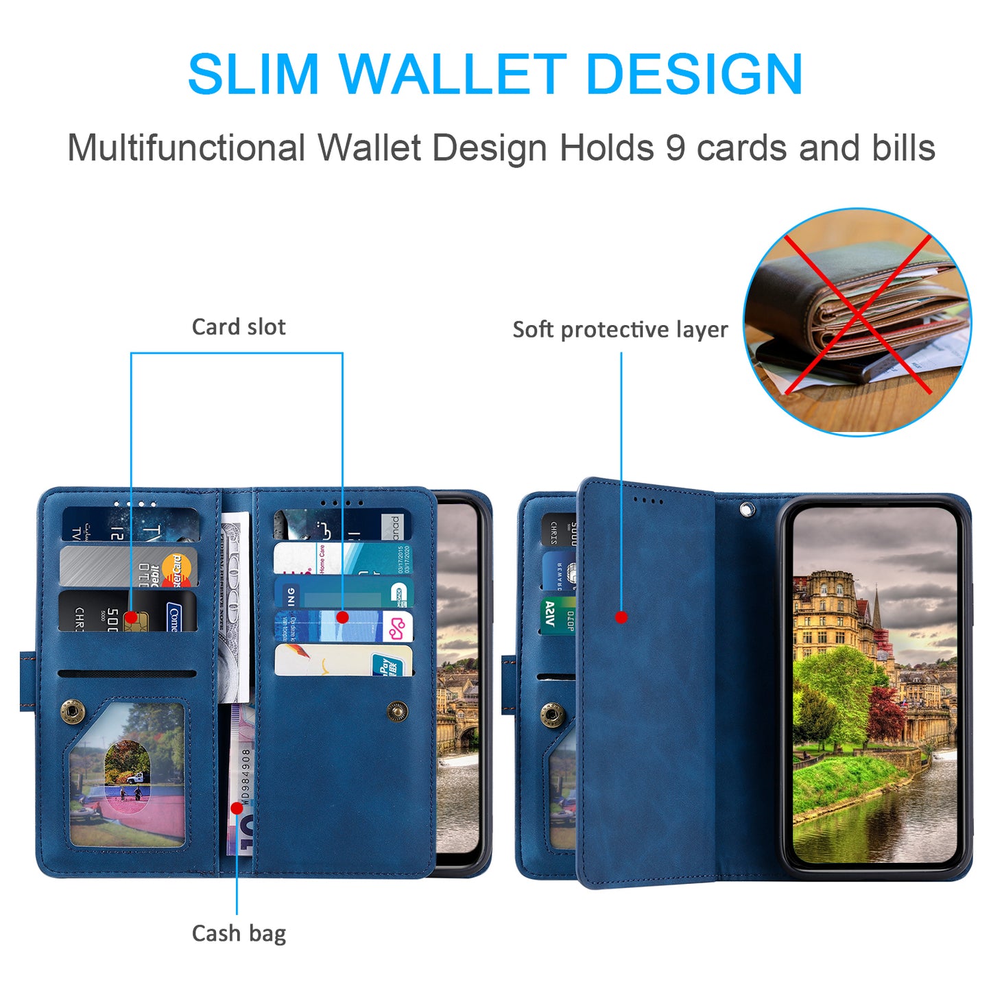 PU Leather Phone Case for iPhone 15 Protective Case Zipper Pocket 9 Card Slots Phone Cover with Strap - Blue