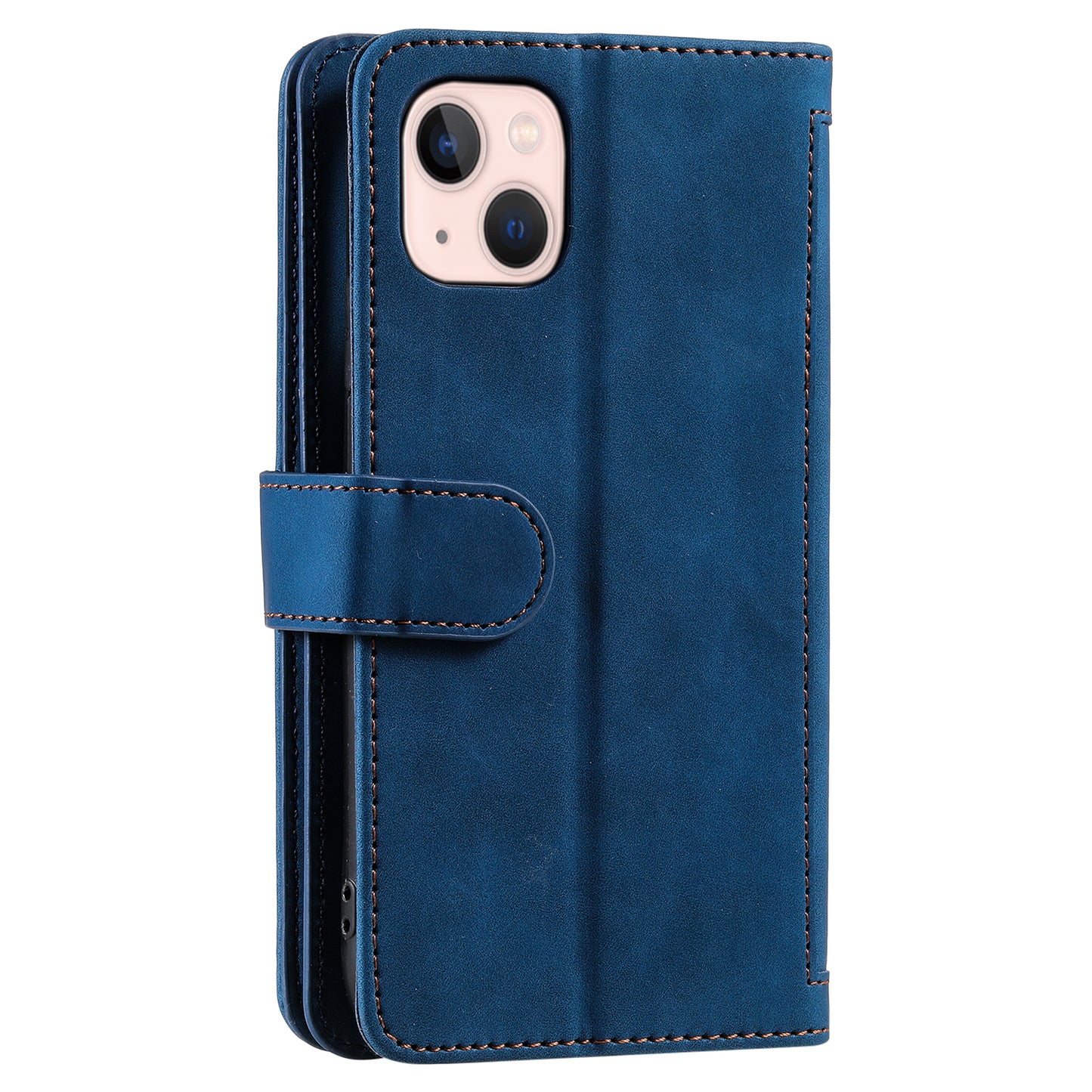 PU Leather Phone Case for iPhone 15 Protective Case Zipper Pocket 9 Card Slots Phone Cover with Strap - Blue