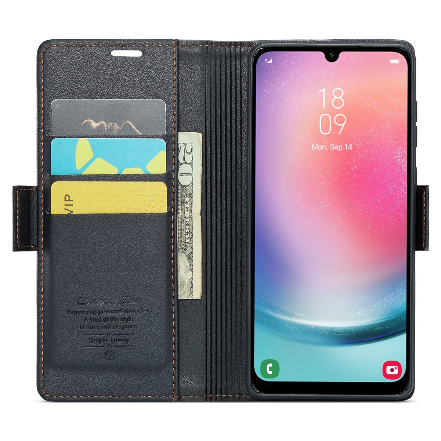 Caseme 023 Series For Samsung Galaxy A24 4G RFID Blocking Phone Case PU Leather Wallet Stand Cover - Black