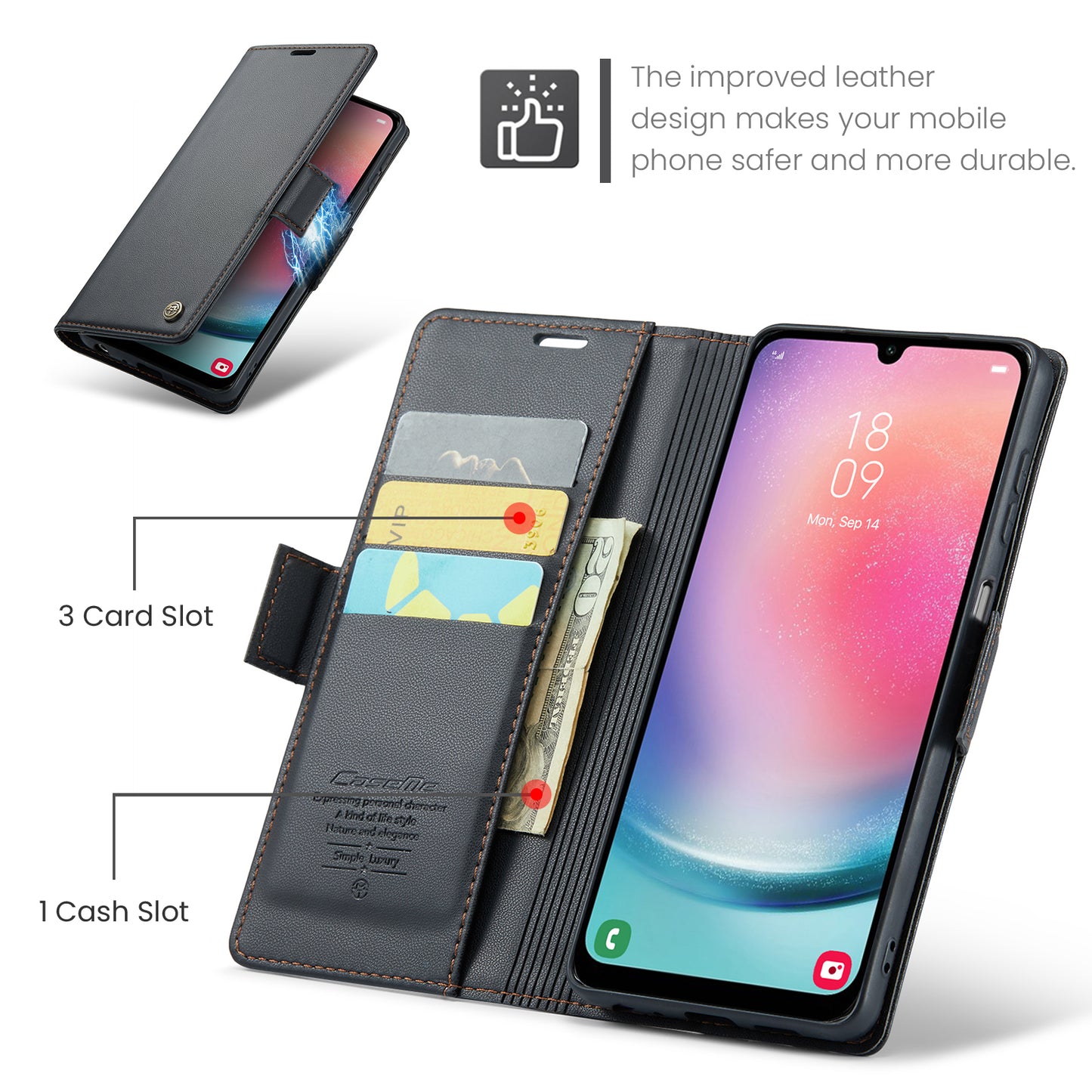 Caseme 023 Series For Samsung Galaxy A24 4G RFID Blocking Phone Case PU Leather Wallet Stand Cover - Black