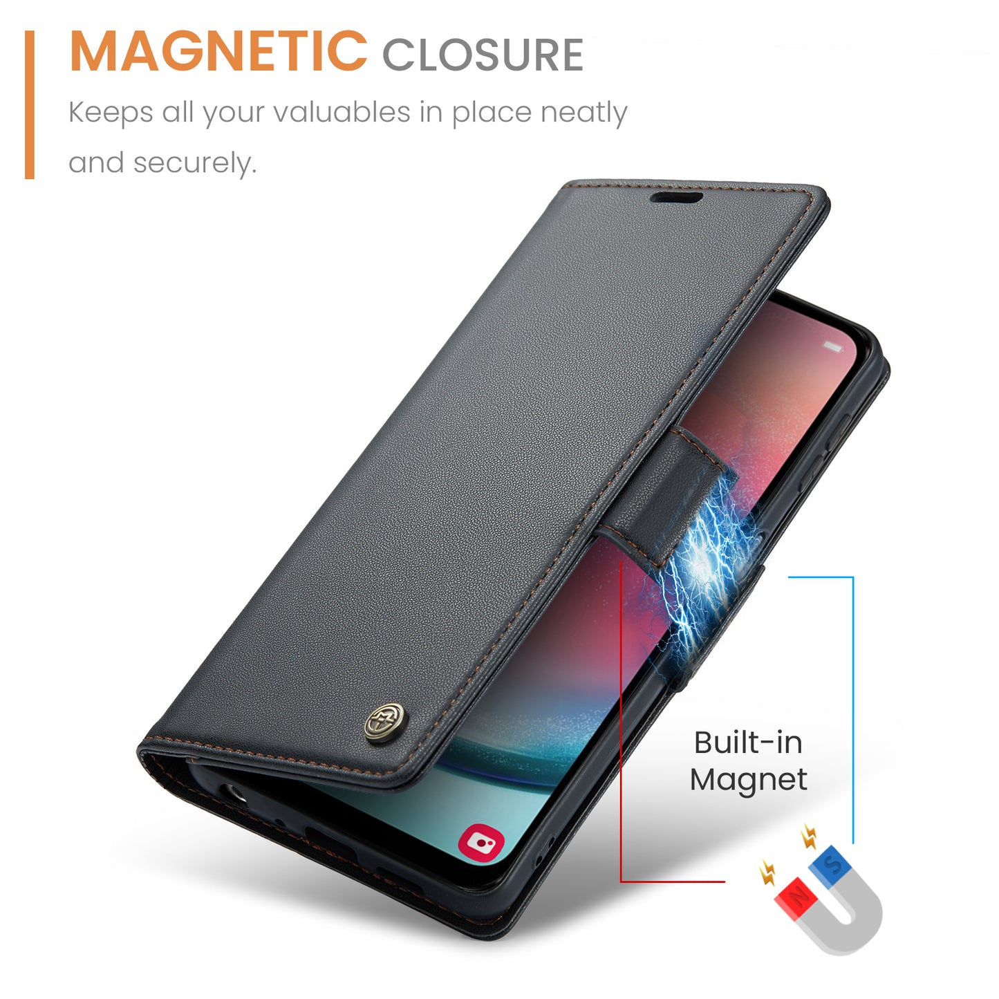 Caseme 023 Series For Samsung Galaxy A24 4G RFID Blocking Phone Case PU Leather Wallet Stand Cover - Black