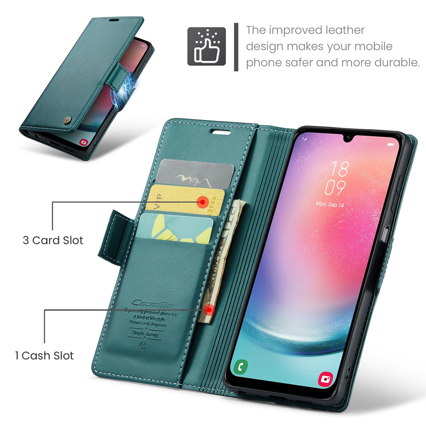 Caseme 023 Series For Samsung Galaxy A24 4G RFID Blocking Phone Case PU Leather Wallet Stand Cover - Green