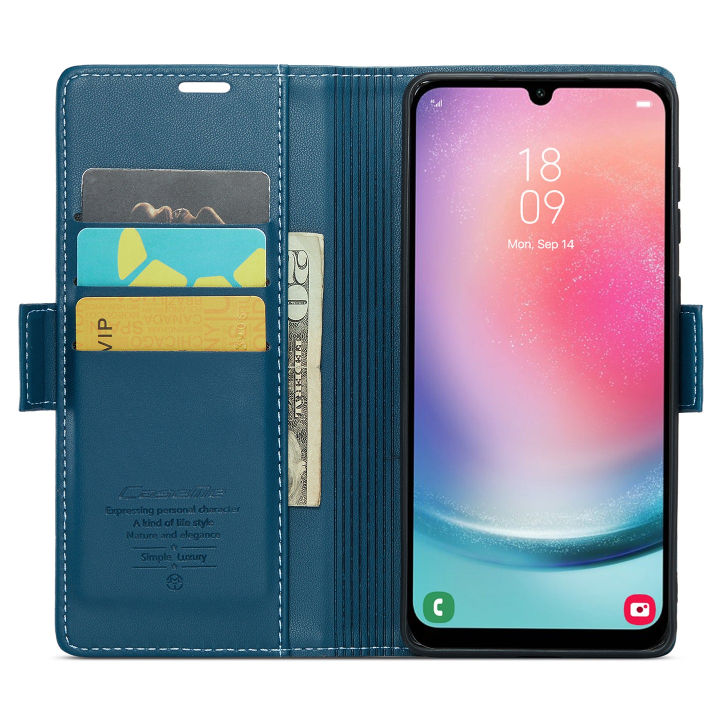 Caseme 023 Series For Samsung Galaxy A24 4G RFID Blocking Phone Case PU Leather Wallet Stand Cover - Blue