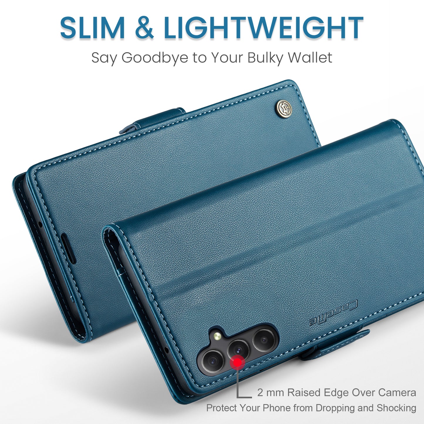 Caseme 023 Series For Samsung Galaxy A24 4G RFID Blocking Phone Case PU Leather Wallet Stand Cover - Blue