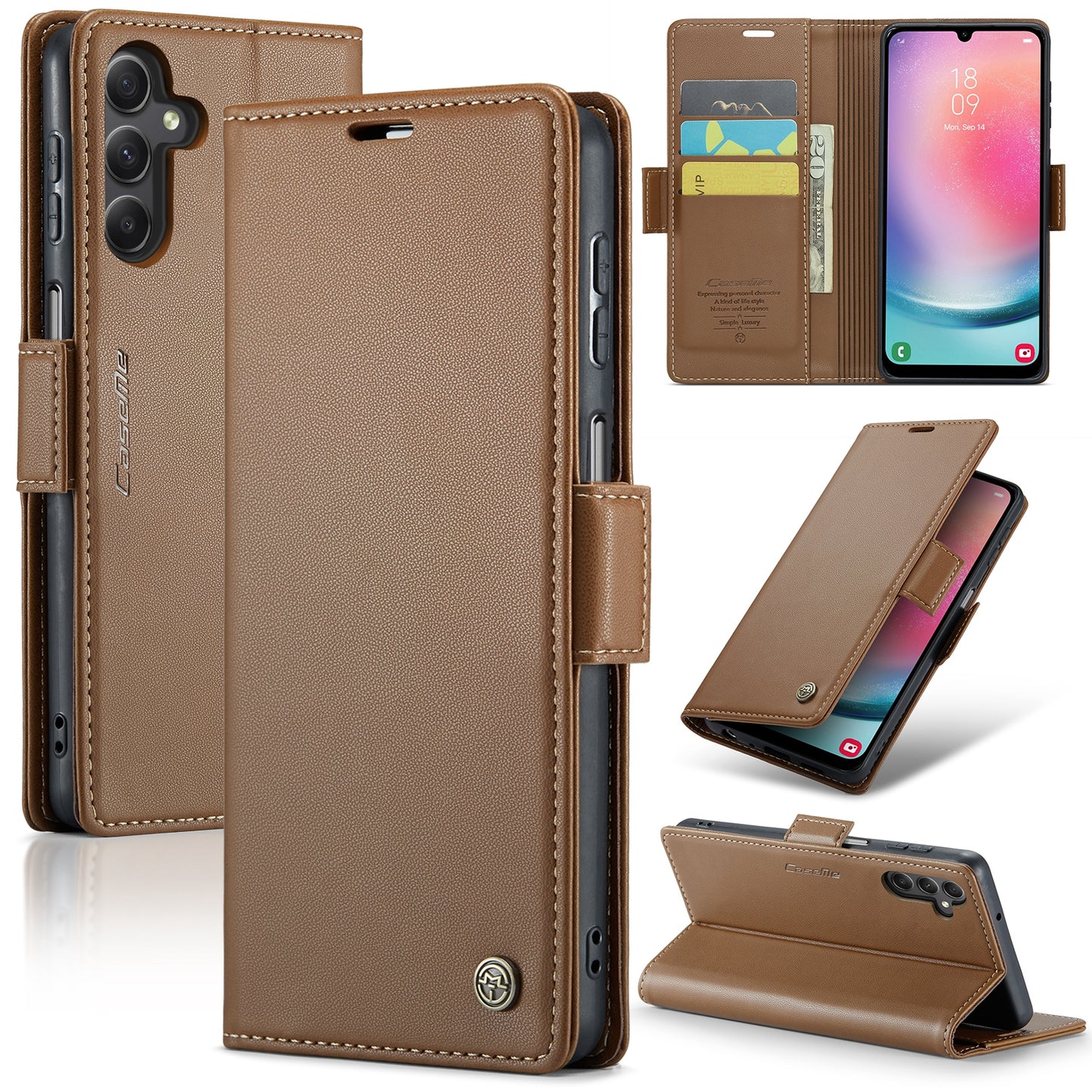 Caseme 023 Series For Samsung Galaxy A24 4G RFID Blocking Phone Case PU Leather Wallet Stand Cover - Brown