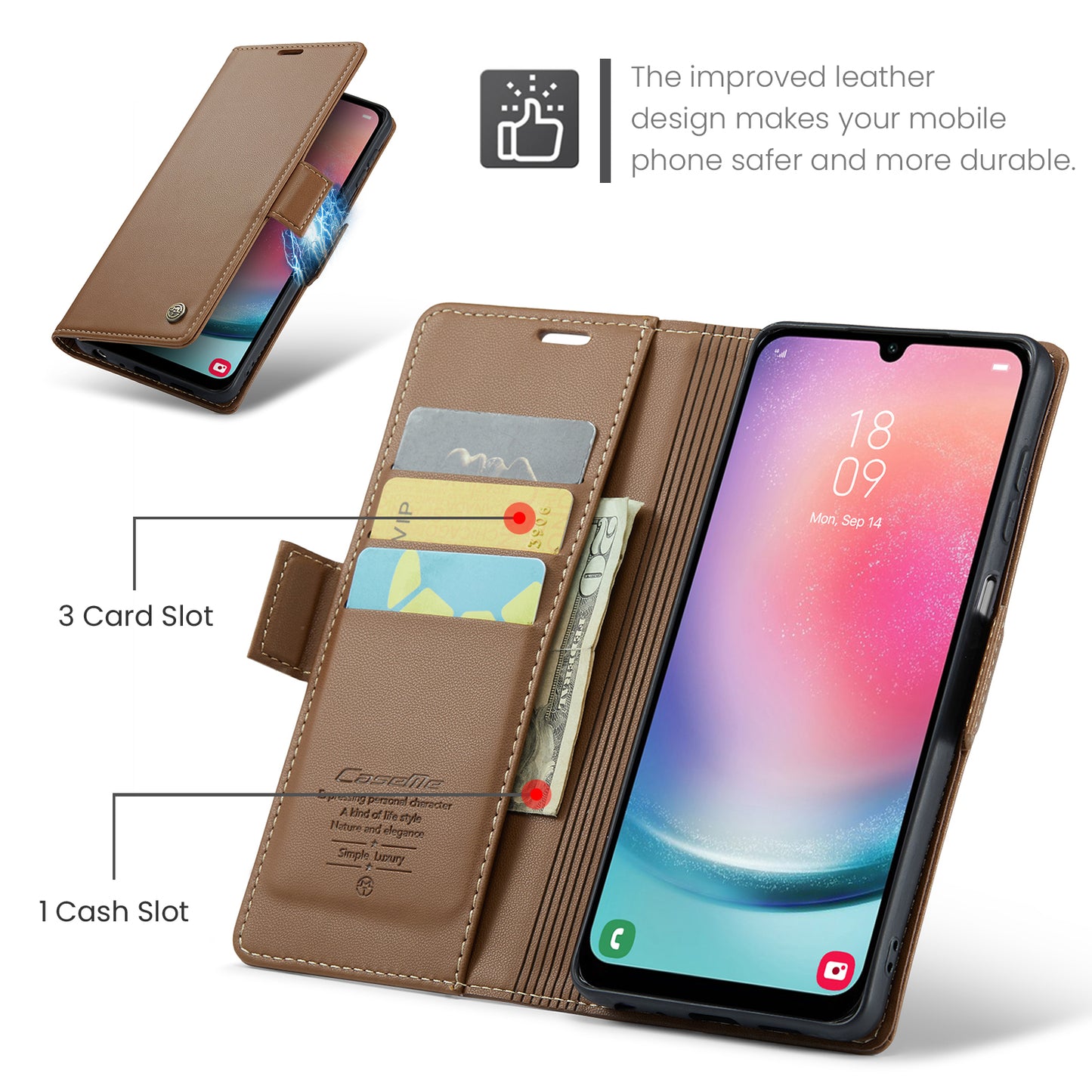 Caseme 023 Series For Samsung Galaxy A24 4G RFID Blocking Phone Case PU Leather Wallet Stand Cover - Brown