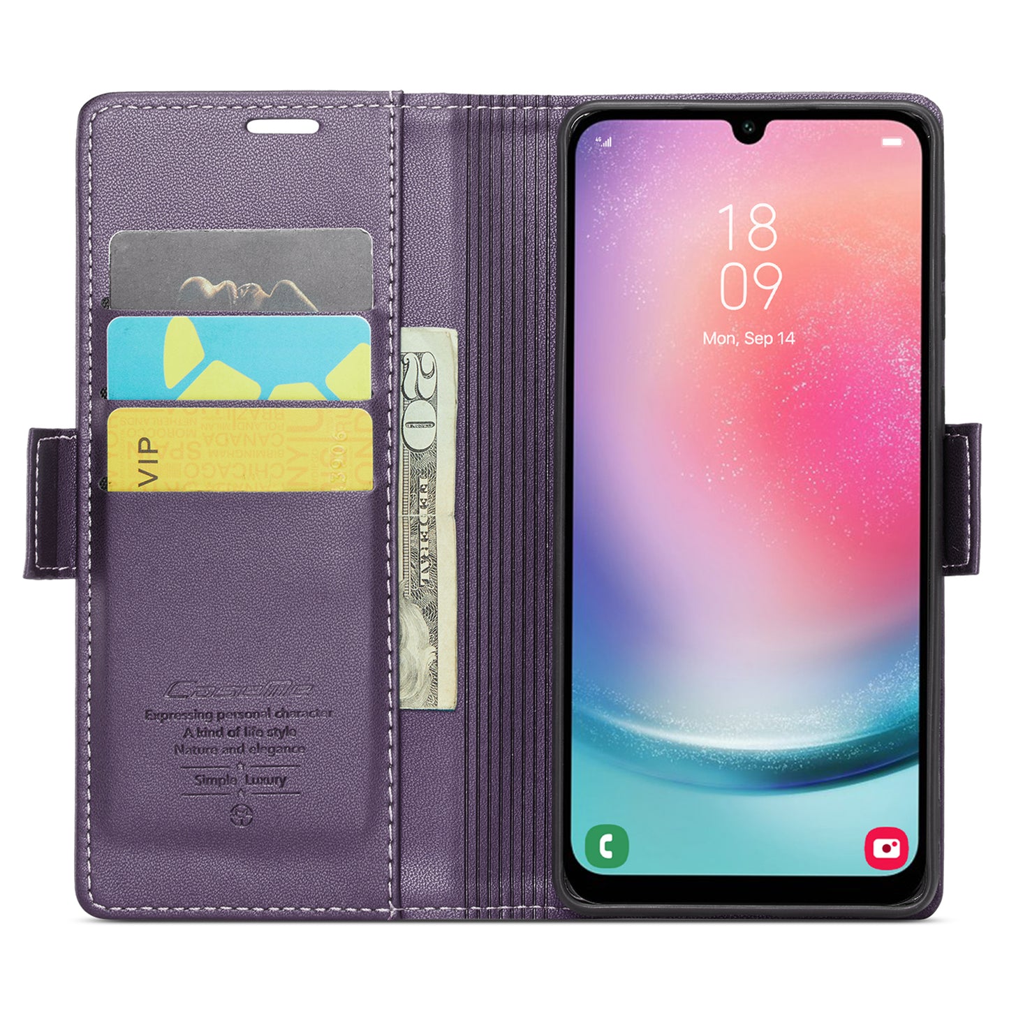 Caseme 023 Series For Samsung Galaxy A24 4G RFID Blocking Phone Case PU Leather Wallet Stand Cover - Purple
