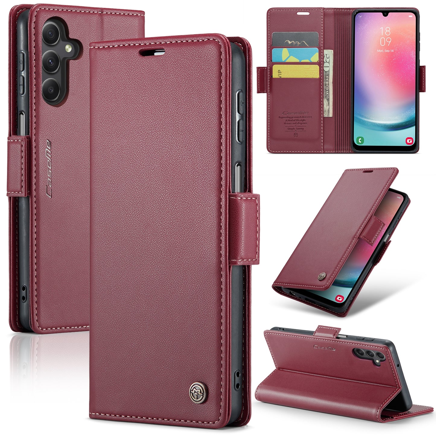 Caseme 023 Series For Samsung Galaxy A24 4G RFID Blocking Phone Case PU Leather Wallet Stand Cover - Red