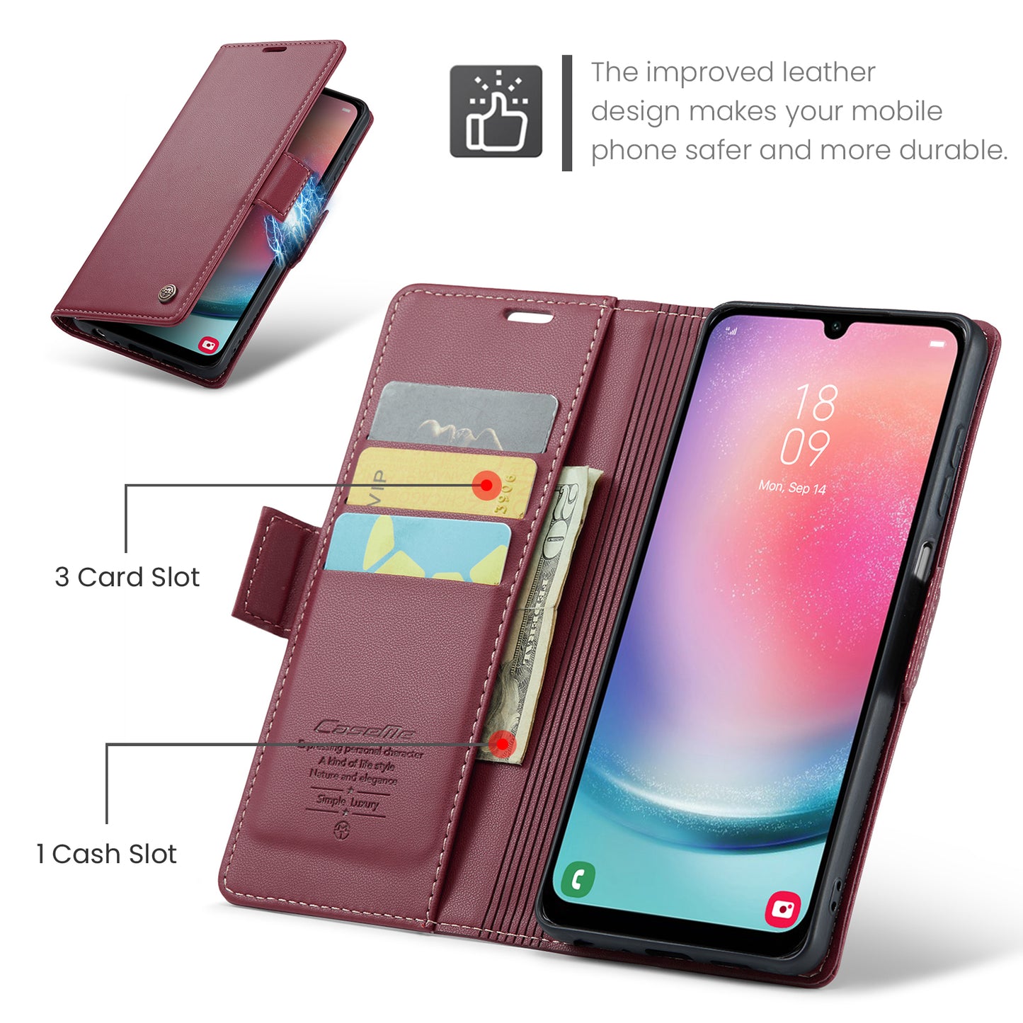 Caseme 023 Series For Samsung Galaxy A24 4G RFID Blocking Phone Case PU Leather Wallet Stand Cover - Red