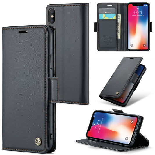 Caseme RFID Blocking Leather Case for iPhone XS , Litchi Texture Stand Wallet Phone Cover - Black