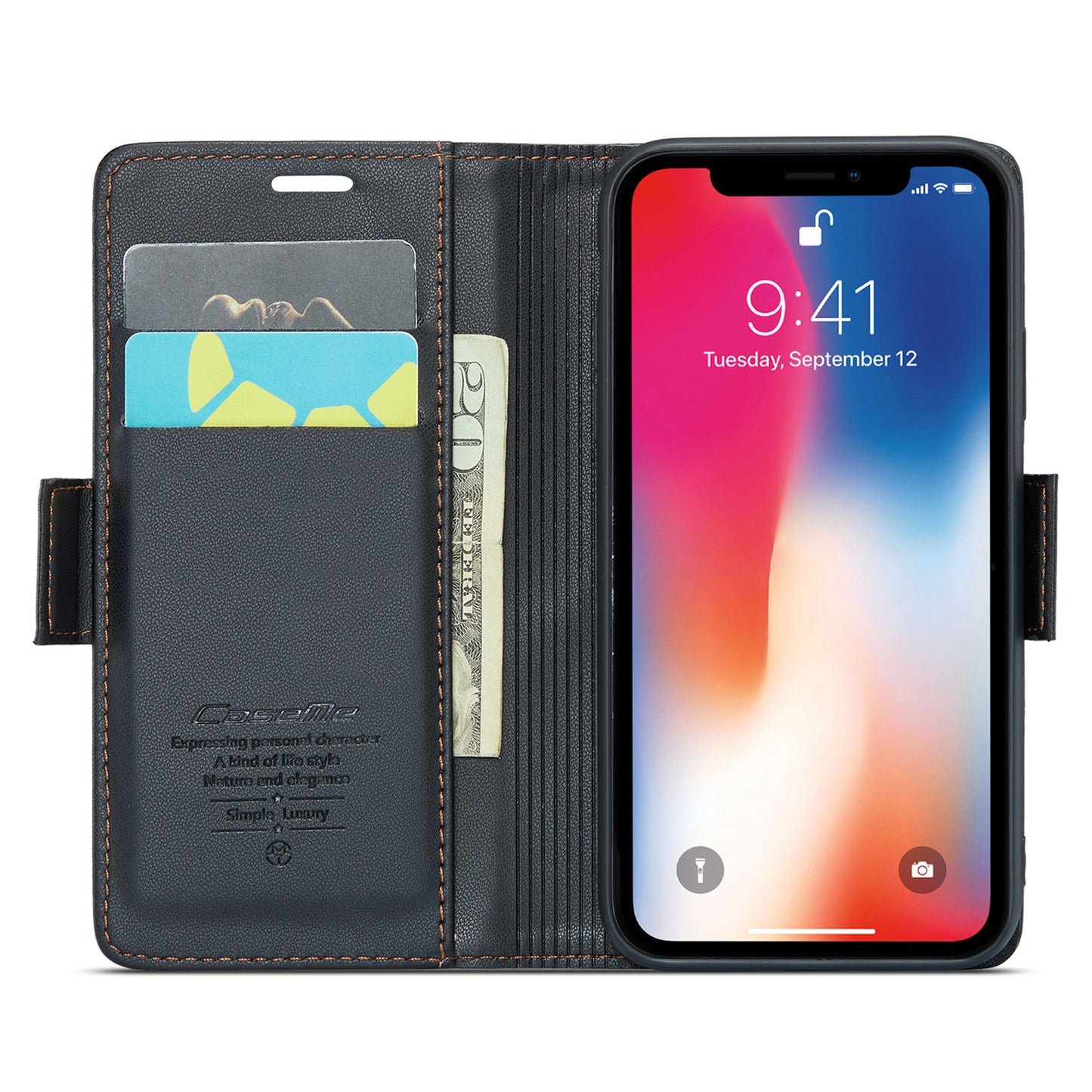 Caseme RFID Blocking Leather Case for iPhone XS , Litchi Texture Stand Wallet Phone Cover - Black