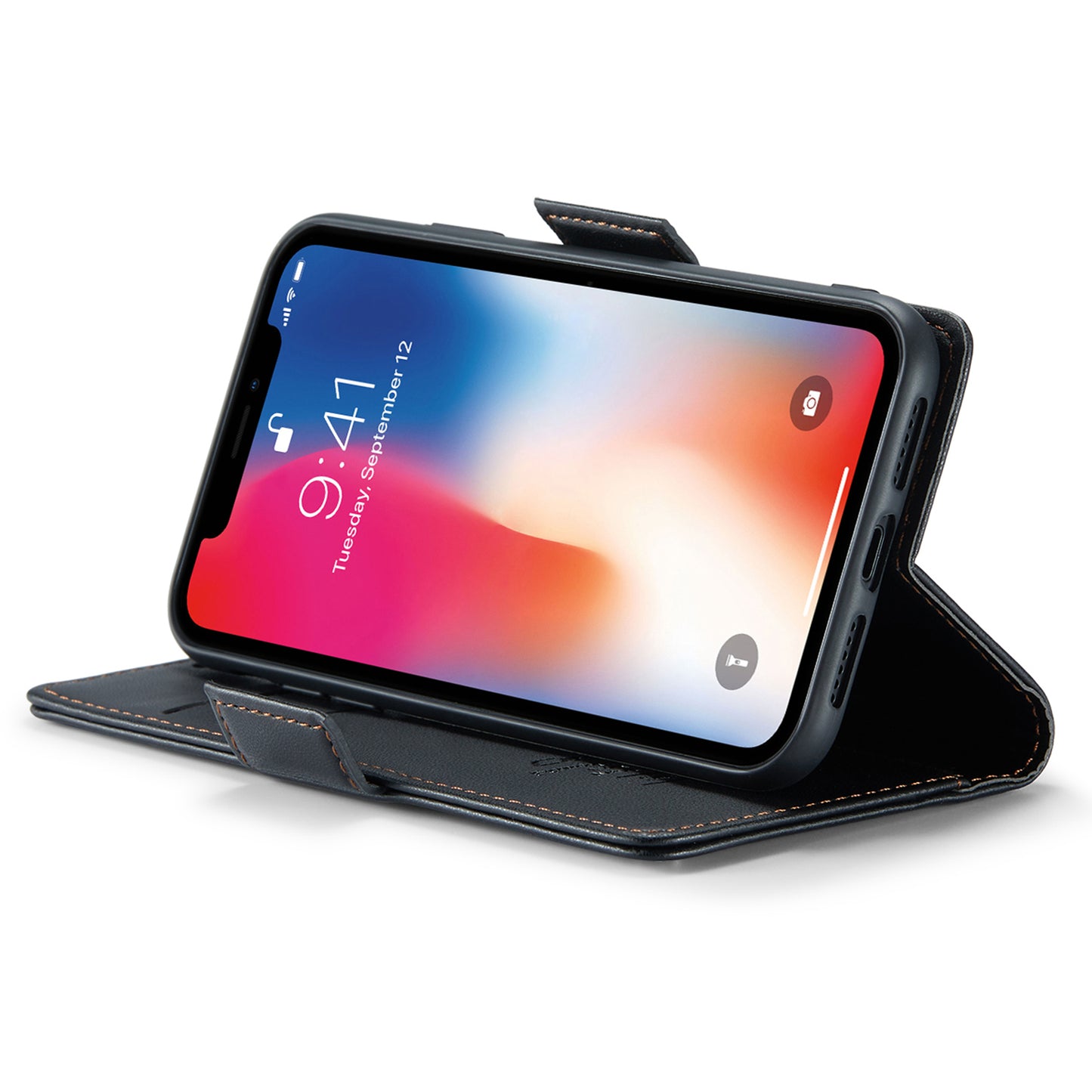 Caseme RFID Blocking Leather Case for iPhone XS , Litchi Texture Stand Wallet Phone Cover - Black