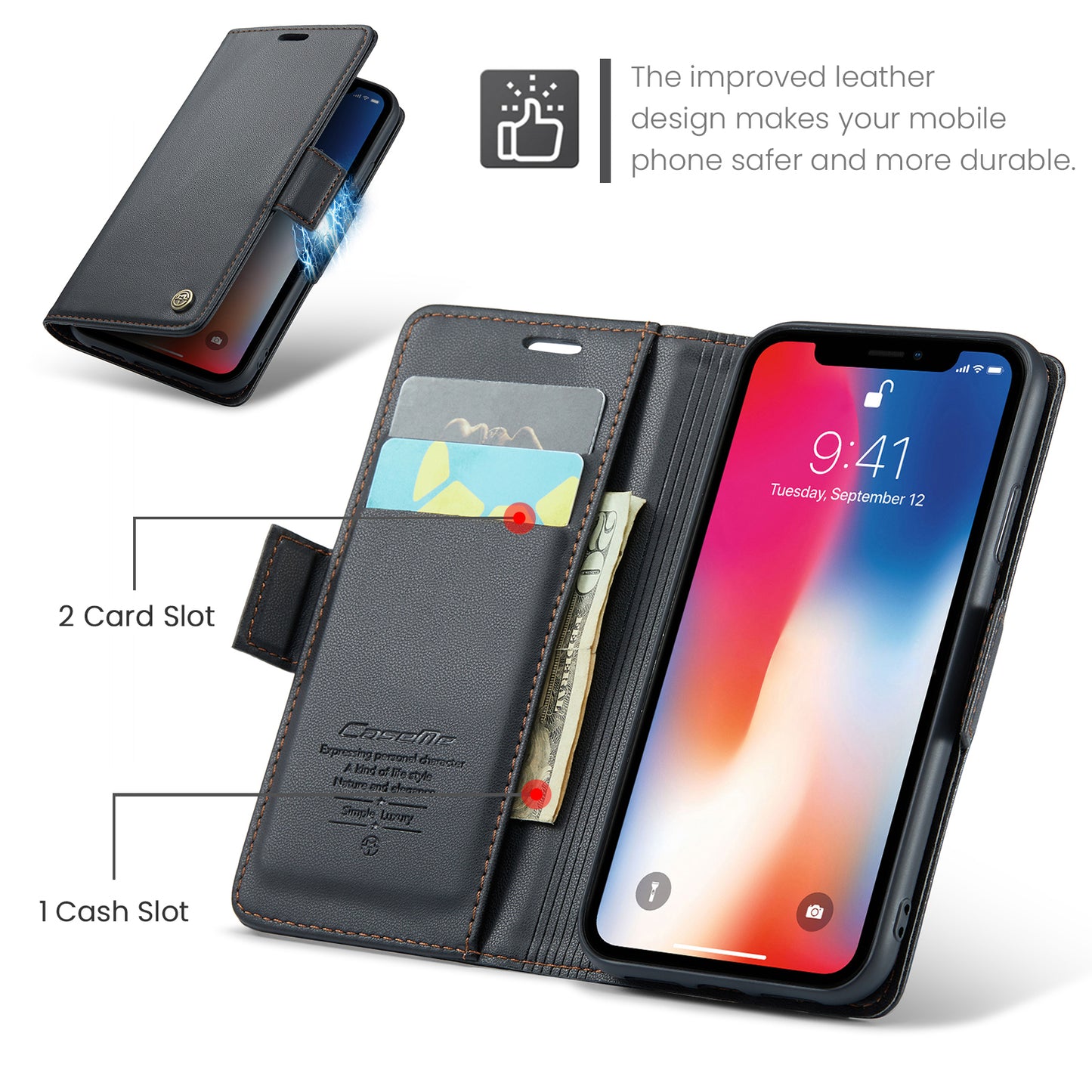 Caseme RFID Blocking Leather Case for iPhone XS , Litchi Texture Stand Wallet Phone Cover - Black