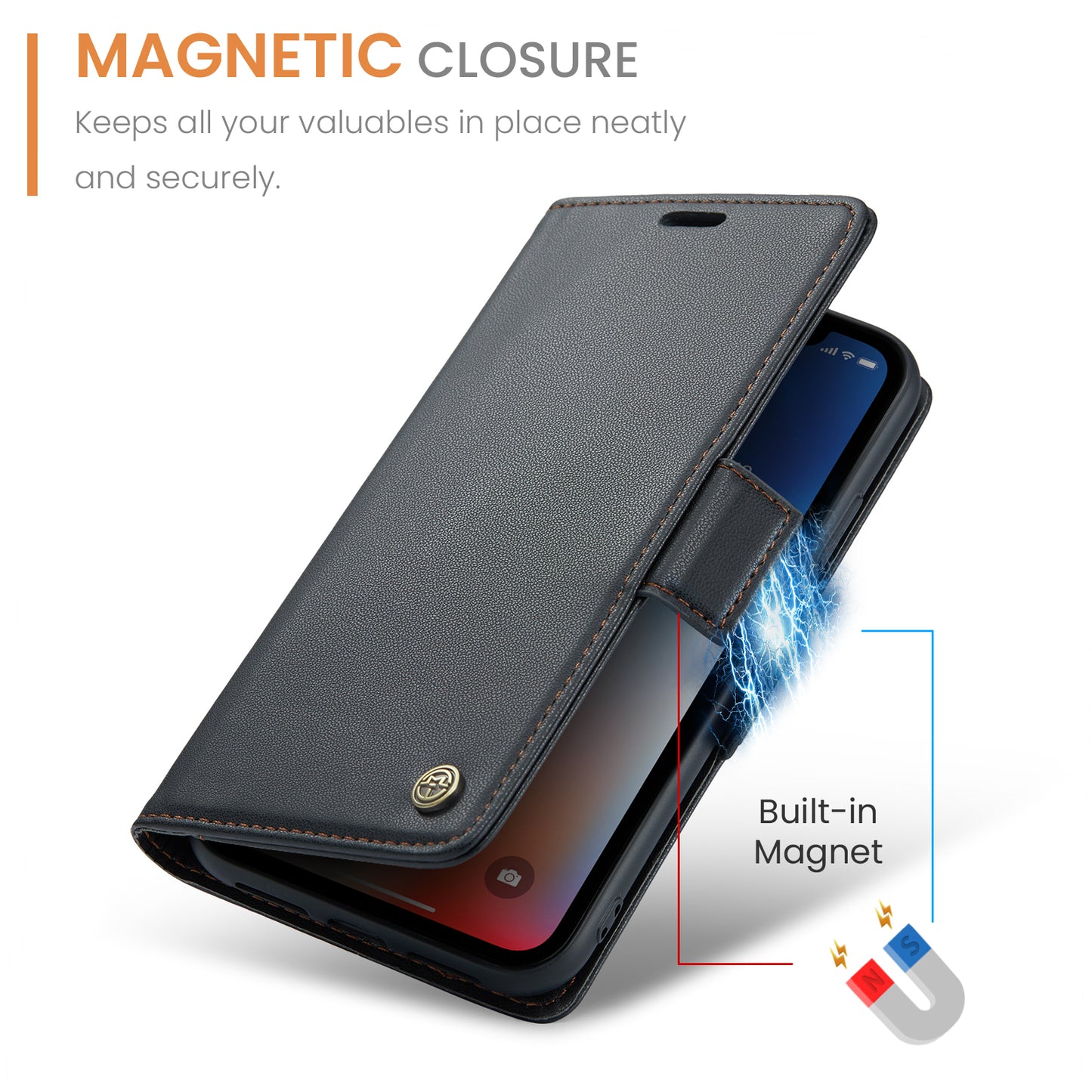 Caseme RFID Blocking Leather Case for iPhone XS , Litchi Texture Stand Wallet Phone Cover - Black