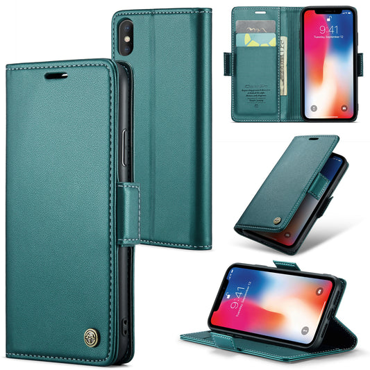 Caseme RFID Blocking Leather Case for iPhone XS , Litchi Texture Stand Wallet Phone Cover - Green