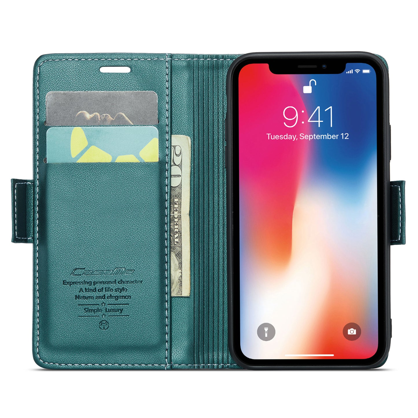 Caseme RFID Blocking Leather Case for iPhone XS , Litchi Texture Stand Wallet Phone Cover - Green