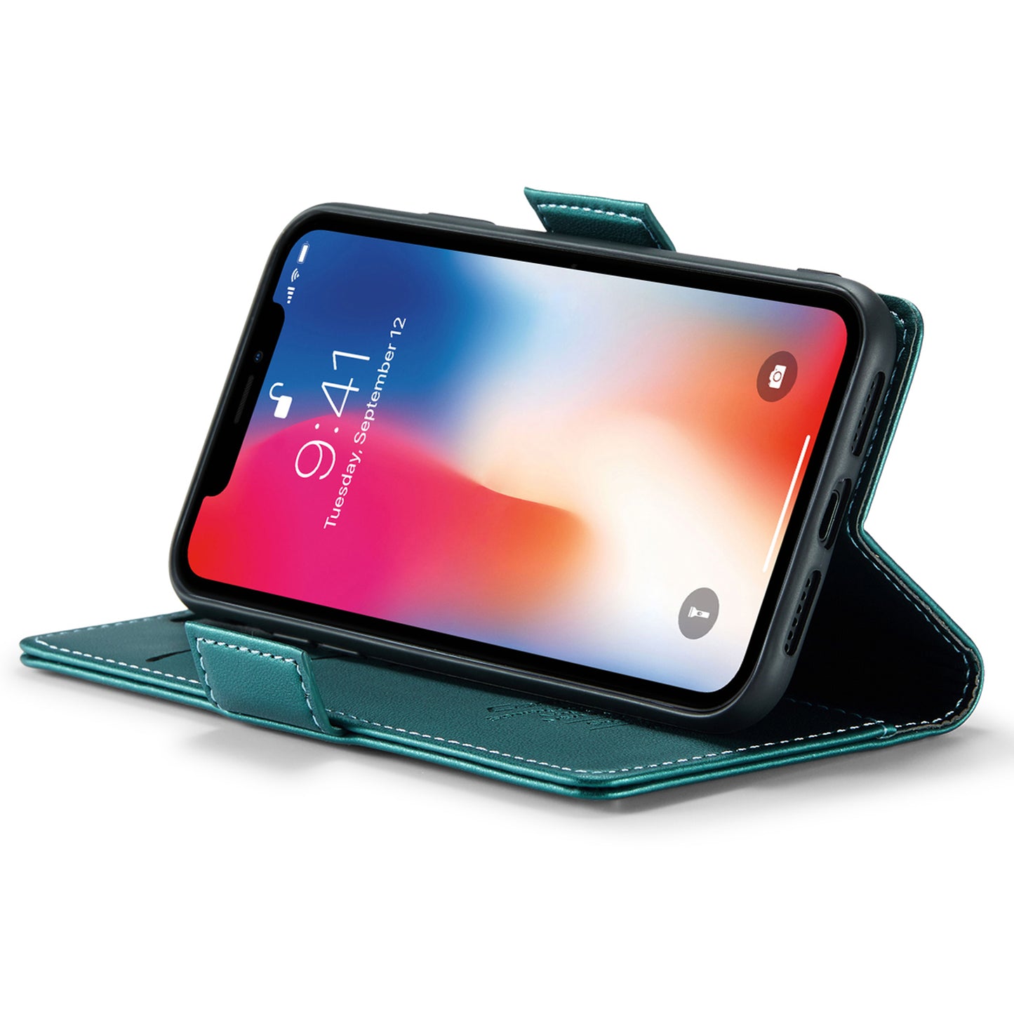 Caseme RFID Blocking Leather Case for iPhone XS , Litchi Texture Stand Wallet Phone Cover - Green