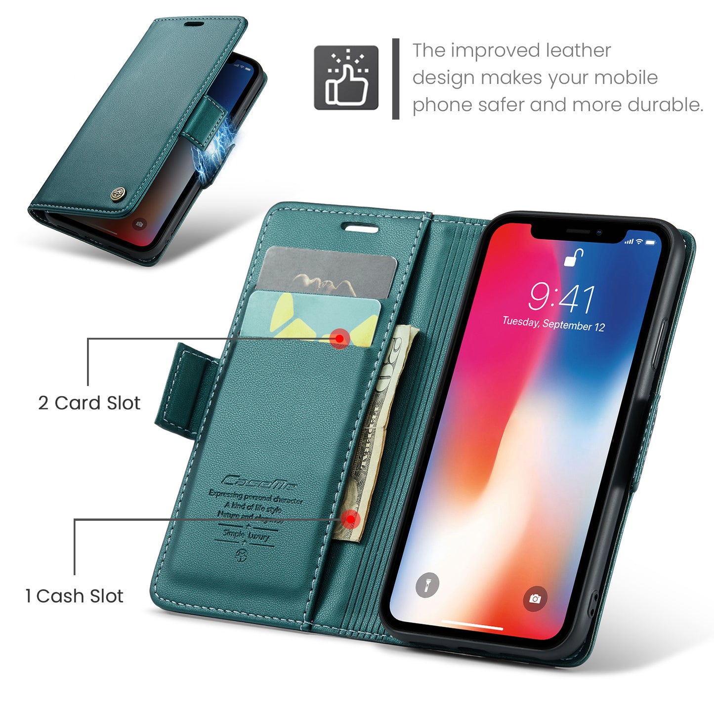 Caseme RFID Blocking Leather Case for iPhone XS , Litchi Texture Stand Wallet Phone Cover - Green