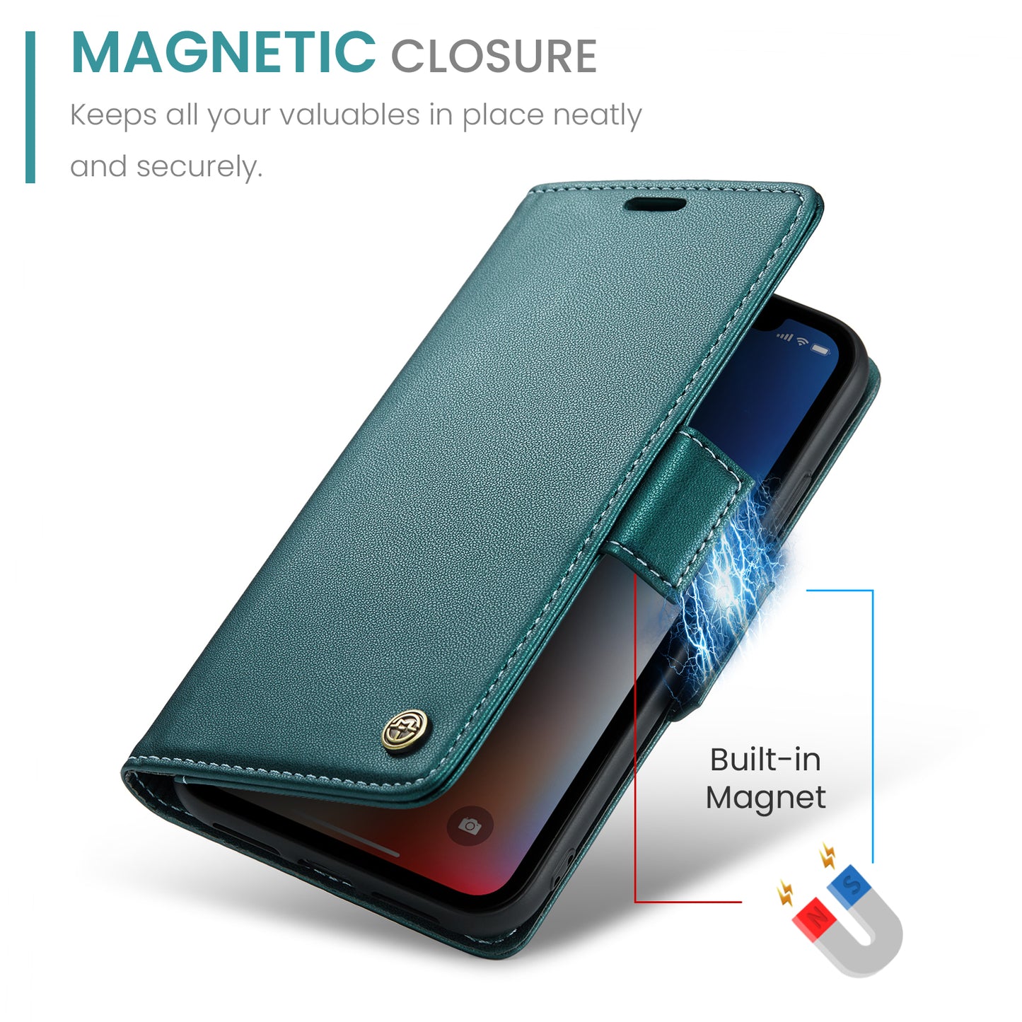 Caseme RFID Blocking Leather Case for iPhone XS , Litchi Texture Stand Wallet Phone Cover - Green