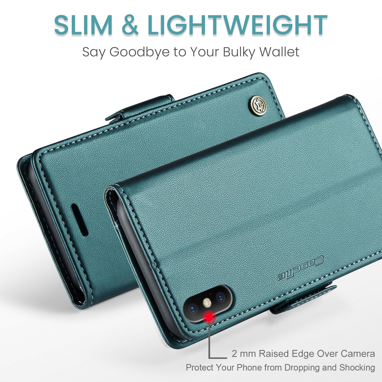 Caseme RFID Blocking Leather Case for iPhone XS , Litchi Texture Stand Wallet Phone Cover - Green