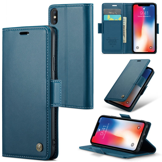 Caseme RFID Blocking Leather Case for iPhone XS , Litchi Texture Stand Wallet Phone Cover - Blue