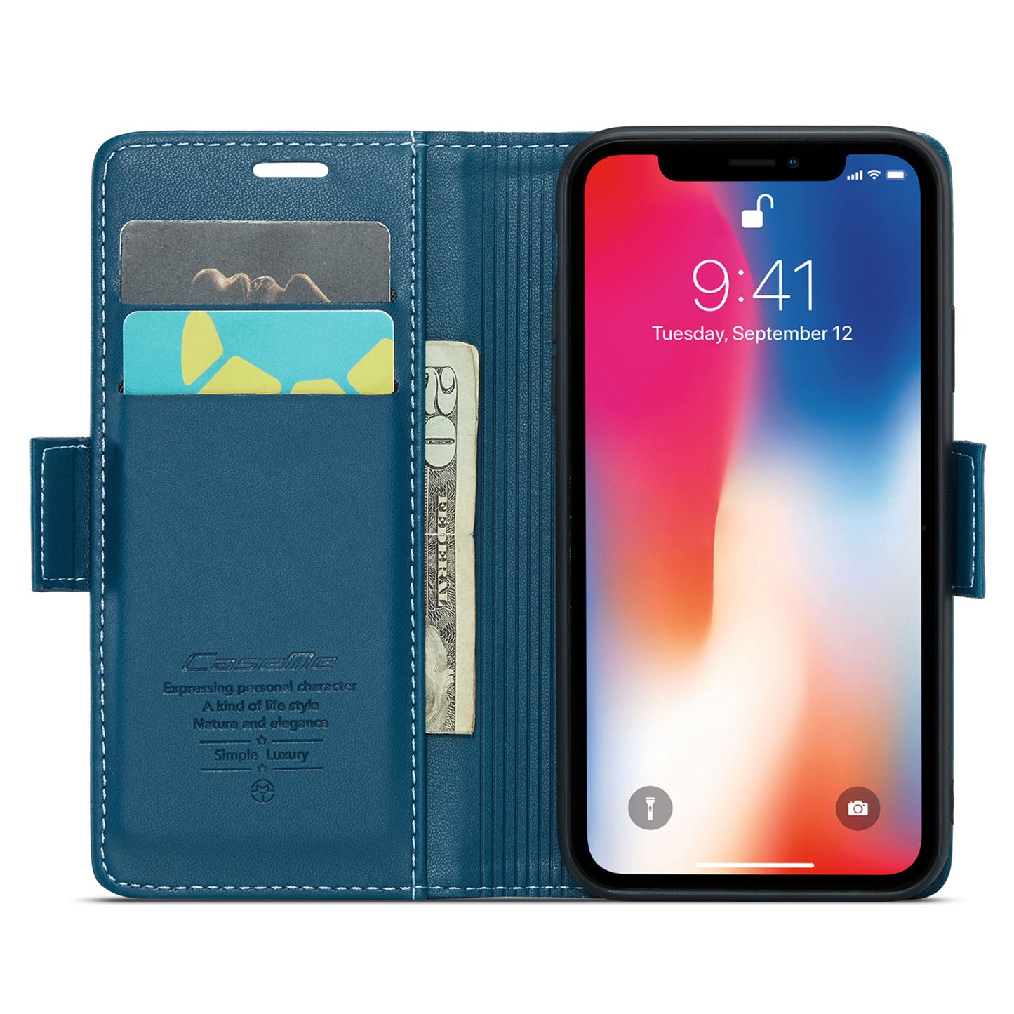 Caseme RFID Blocking Leather Case for iPhone XS , Litchi Texture Stand Wallet Phone Cover - Blue