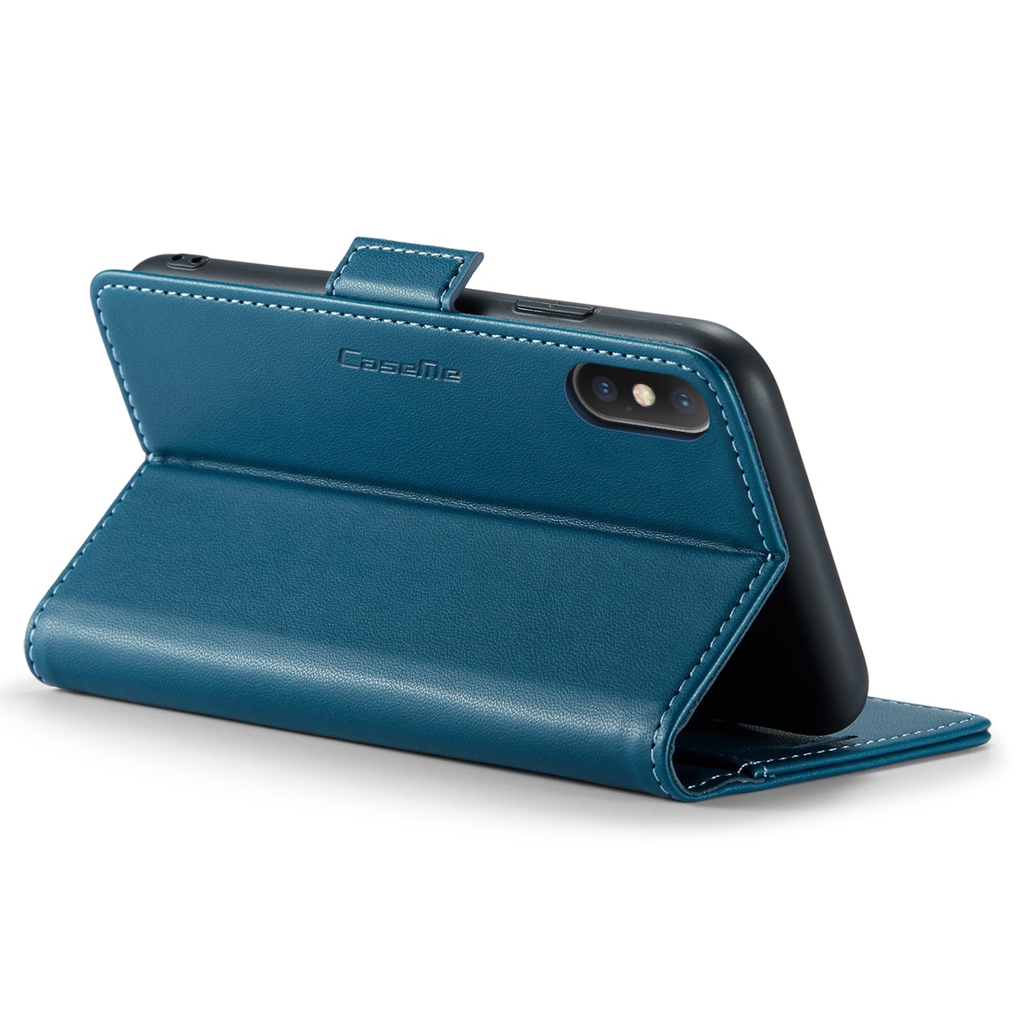 Caseme RFID Blocking Leather Case for iPhone XS , Litchi Texture Stand Wallet Phone Cover - Blue