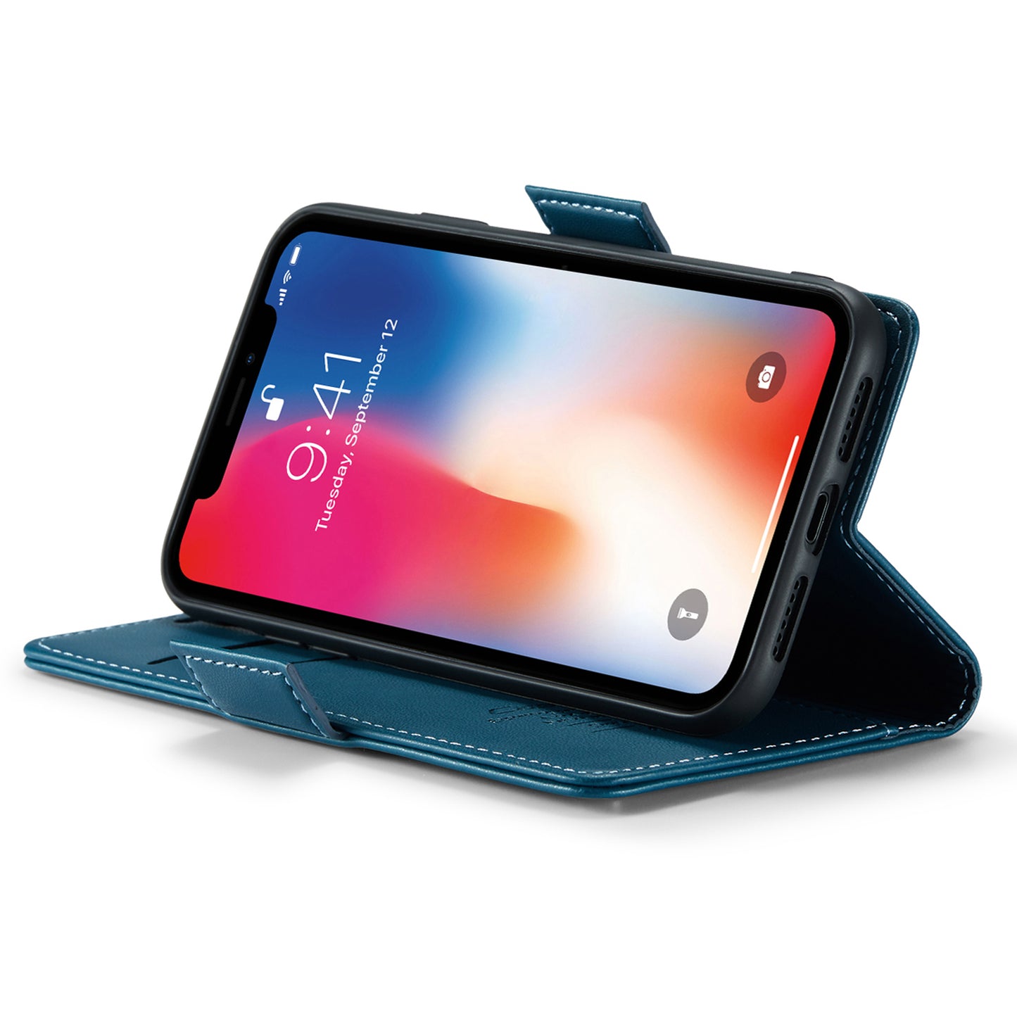 Caseme RFID Blocking Leather Case for iPhone XS , Litchi Texture Stand Wallet Phone Cover - Blue
