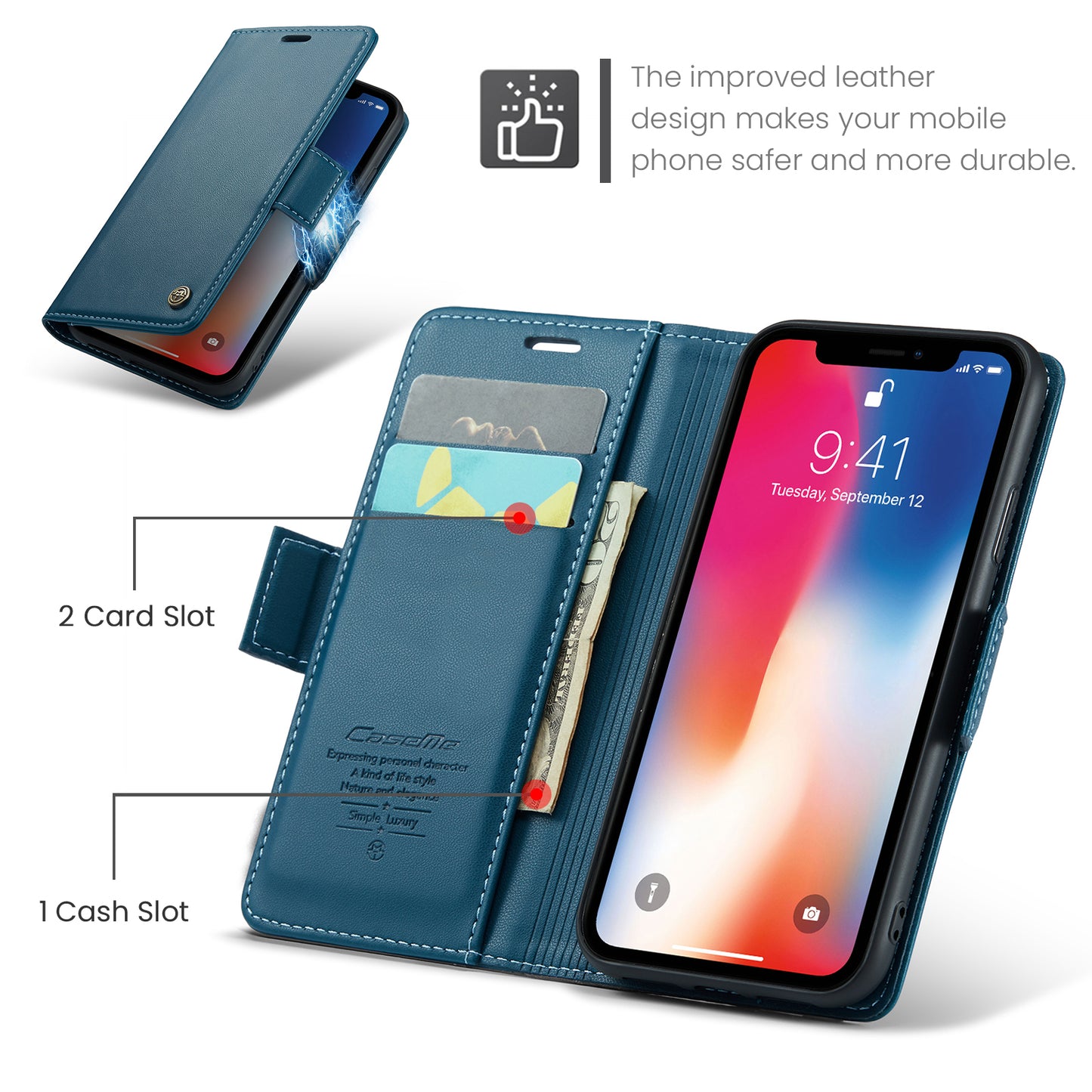 Caseme RFID Blocking Leather Case for iPhone XS , Litchi Texture Stand Wallet Phone Cover - Blue