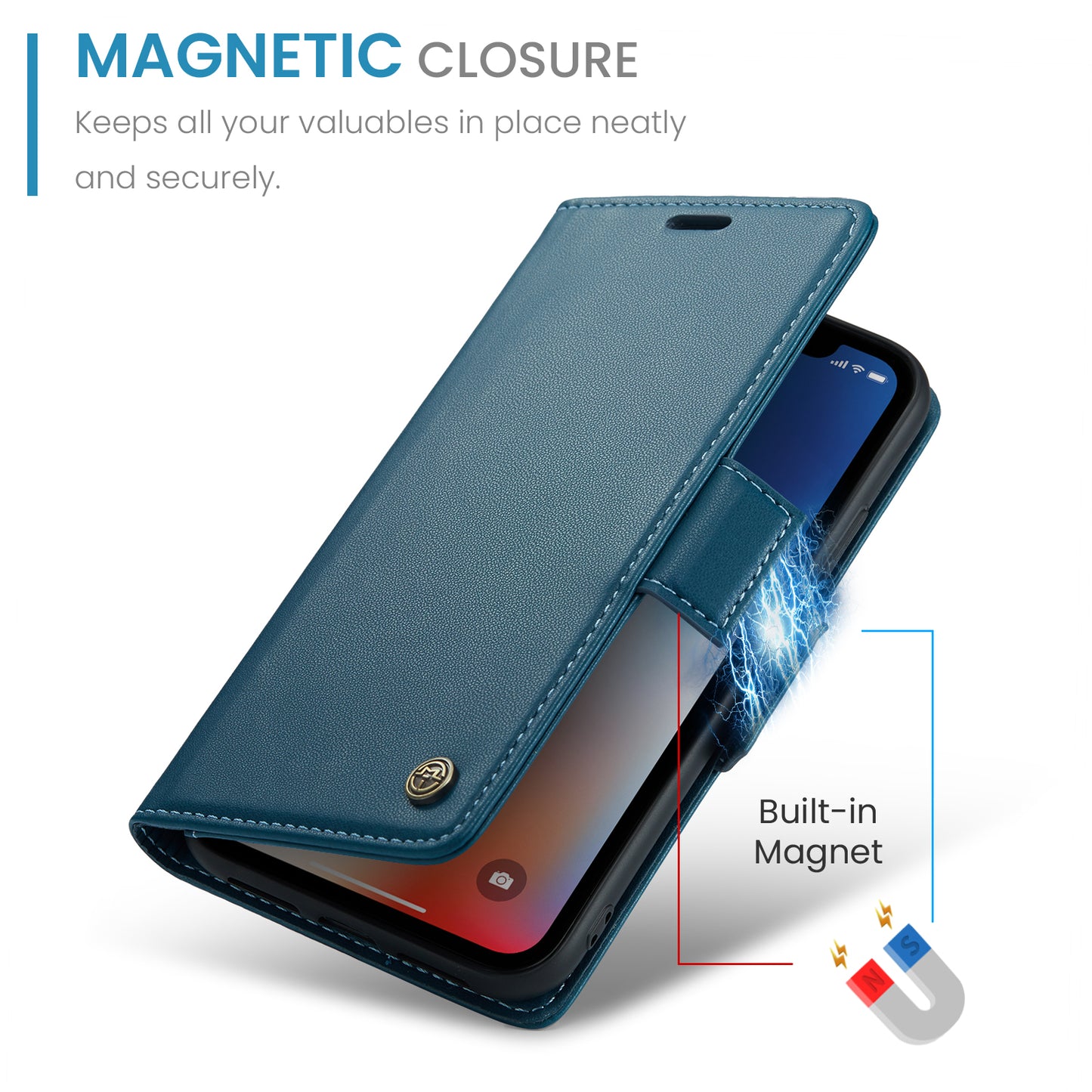 Caseme RFID Blocking Leather Case for iPhone XS , Litchi Texture Stand Wallet Phone Cover - Blue