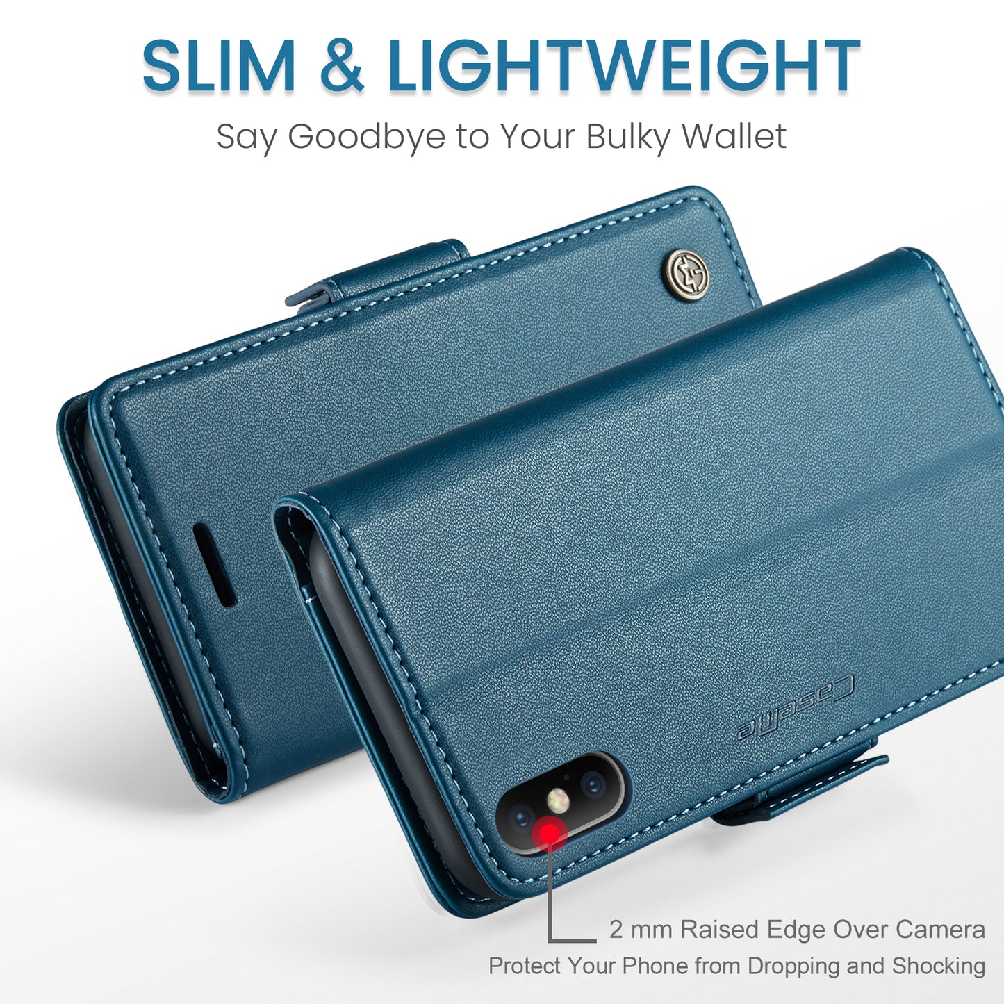 Caseme RFID Blocking Leather Case for iPhone XS , Litchi Texture Stand Wallet Phone Cover - Blue