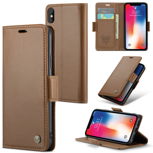 Caseme RFID Blocking Leather Case for iPhone XS , Litchi Texture Stand Wallet Phone Cover - Brown