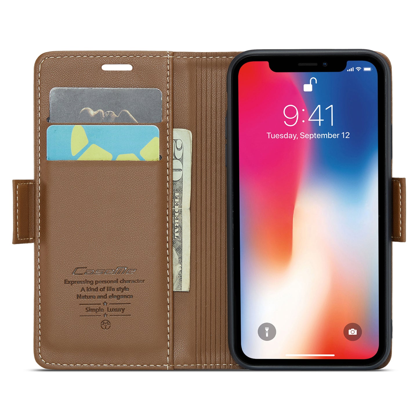 Caseme RFID Blocking Leather Case for iPhone XS , Litchi Texture Stand Wallet Phone Cover - Brown