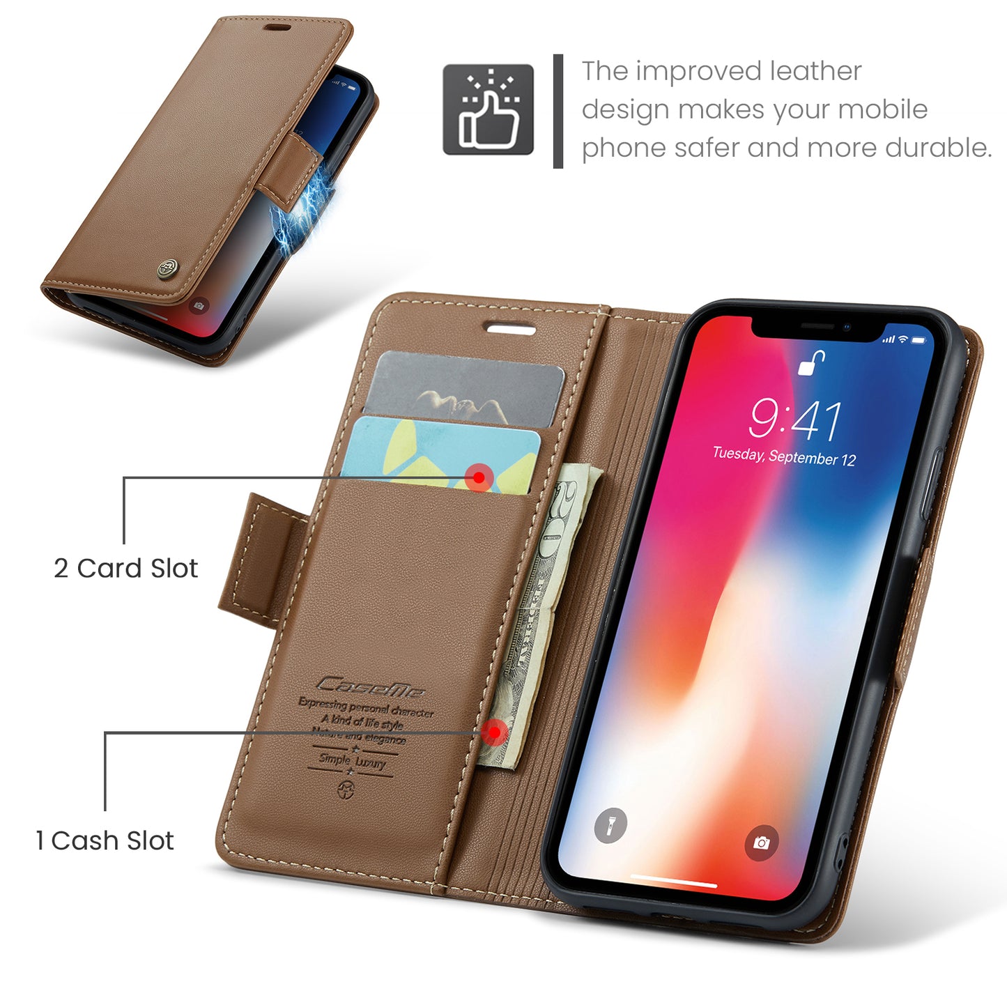 Caseme RFID Blocking Leather Case for iPhone XS , Litchi Texture Stand Wallet Phone Cover - Brown