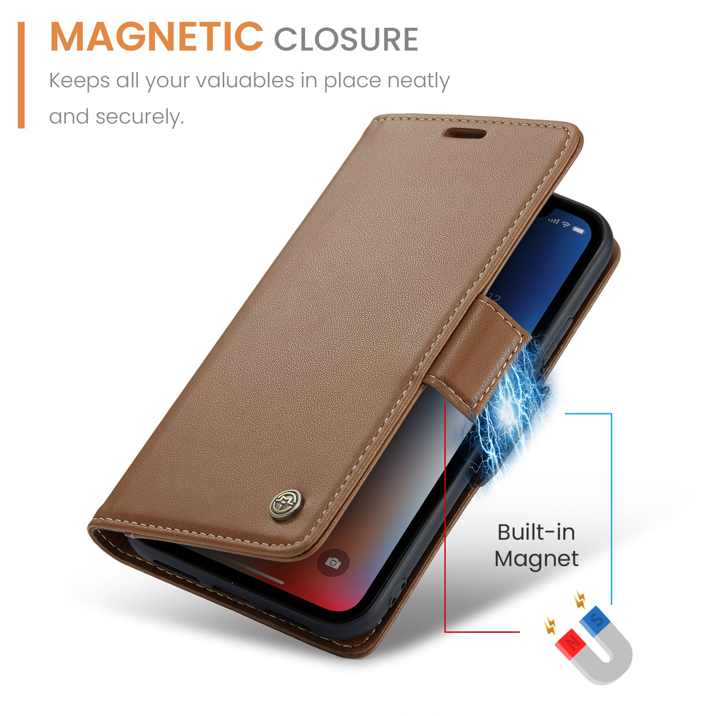 Caseme RFID Blocking Leather Case for iPhone XS , Litchi Texture Stand Wallet Phone Cover - Brown