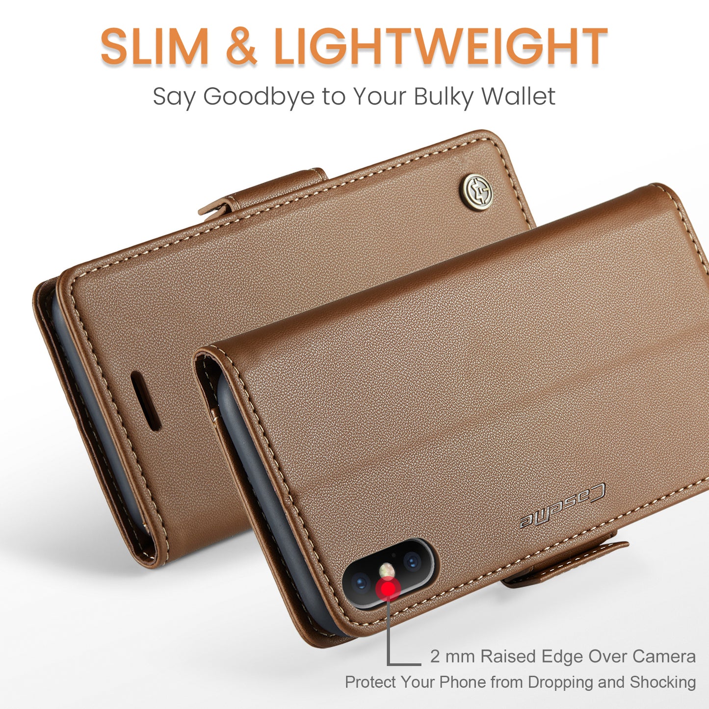 Caseme RFID Blocking Leather Case for iPhone XS , Litchi Texture Stand Wallet Phone Cover - Brown