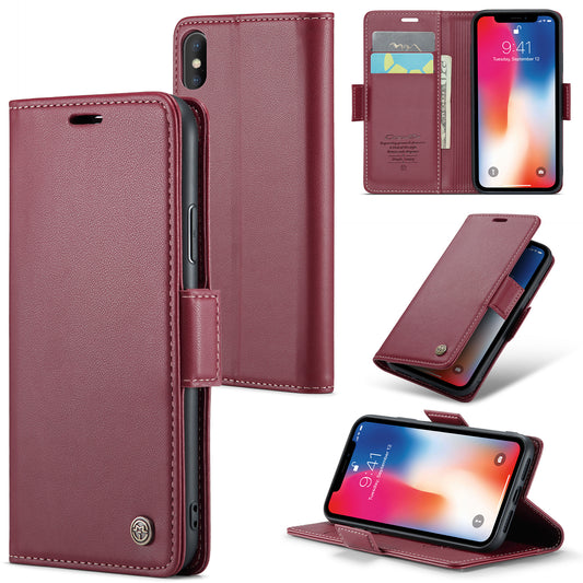 Caseme RFID Blocking Leather Case for iPhone XS , Litchi Texture Stand Wallet Phone Cover - Red