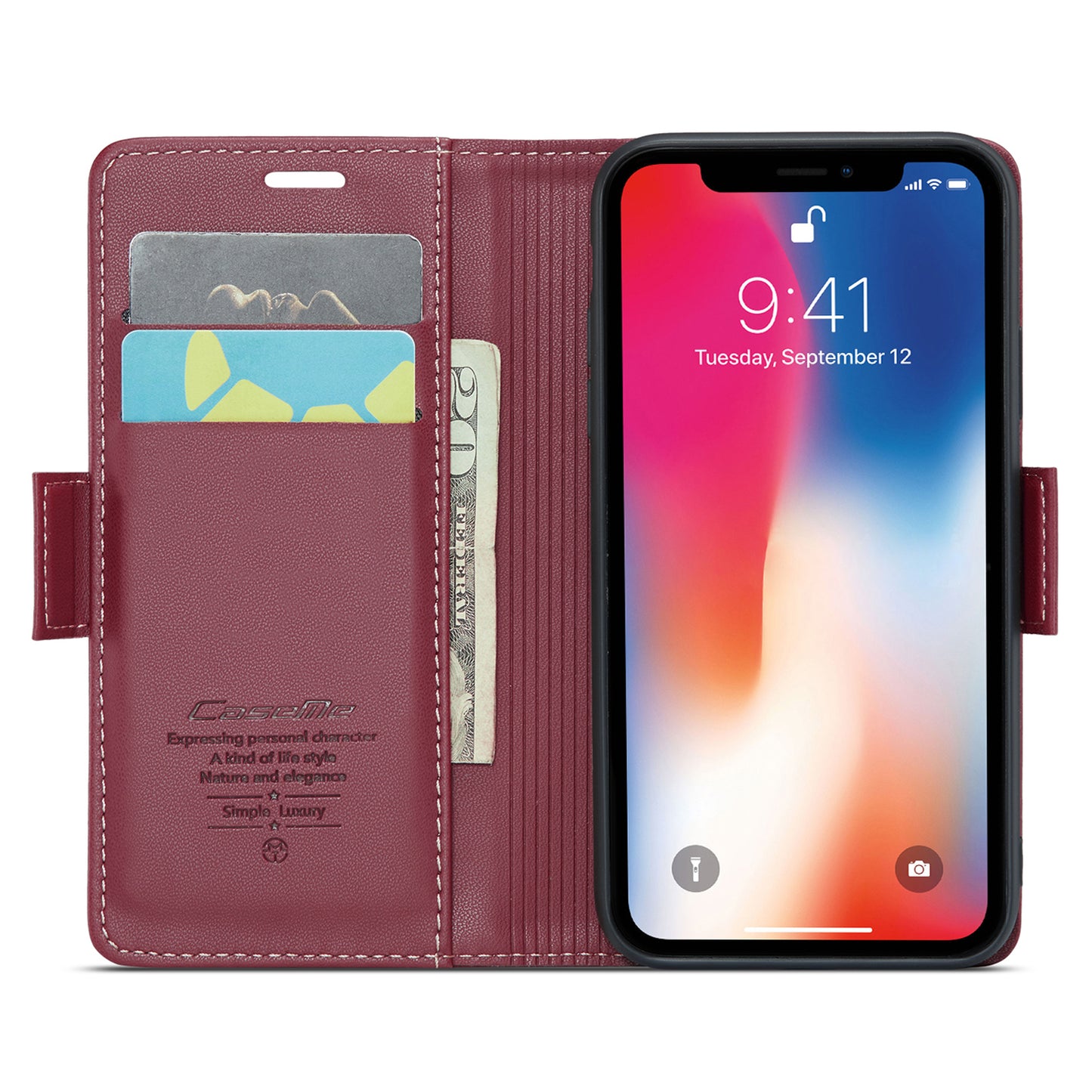 Caseme RFID Blocking Leather Case for iPhone XS , Litchi Texture Stand Wallet Phone Cover - Red