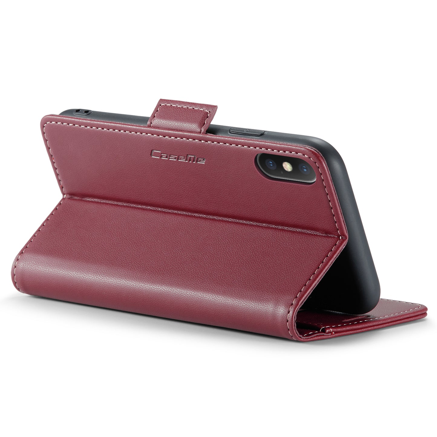 Caseme RFID Blocking Leather Case for iPhone XS , Litchi Texture Stand Wallet Phone Cover - Red