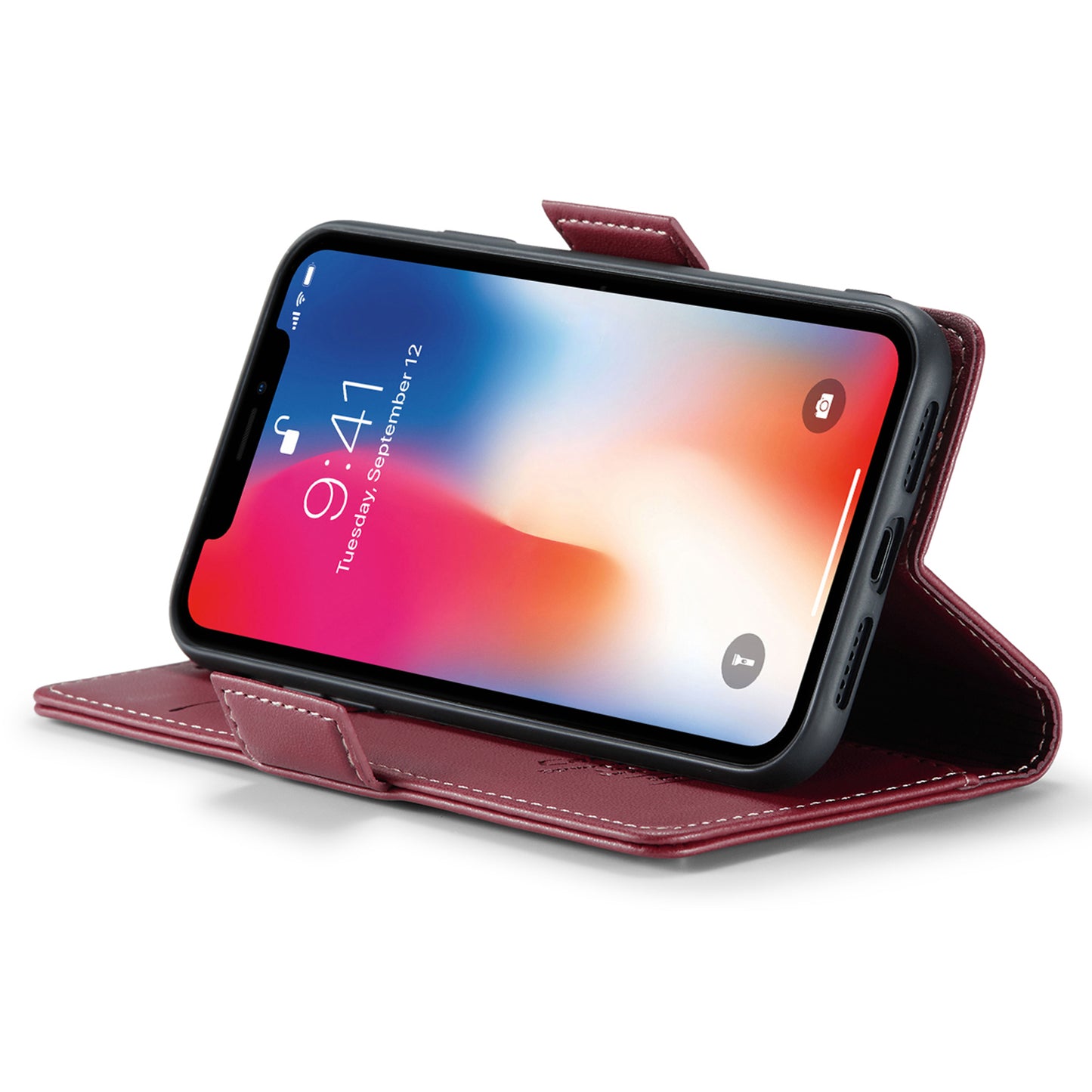 Caseme RFID Blocking Leather Case for iPhone XS , Litchi Texture Stand Wallet Phone Cover - Red