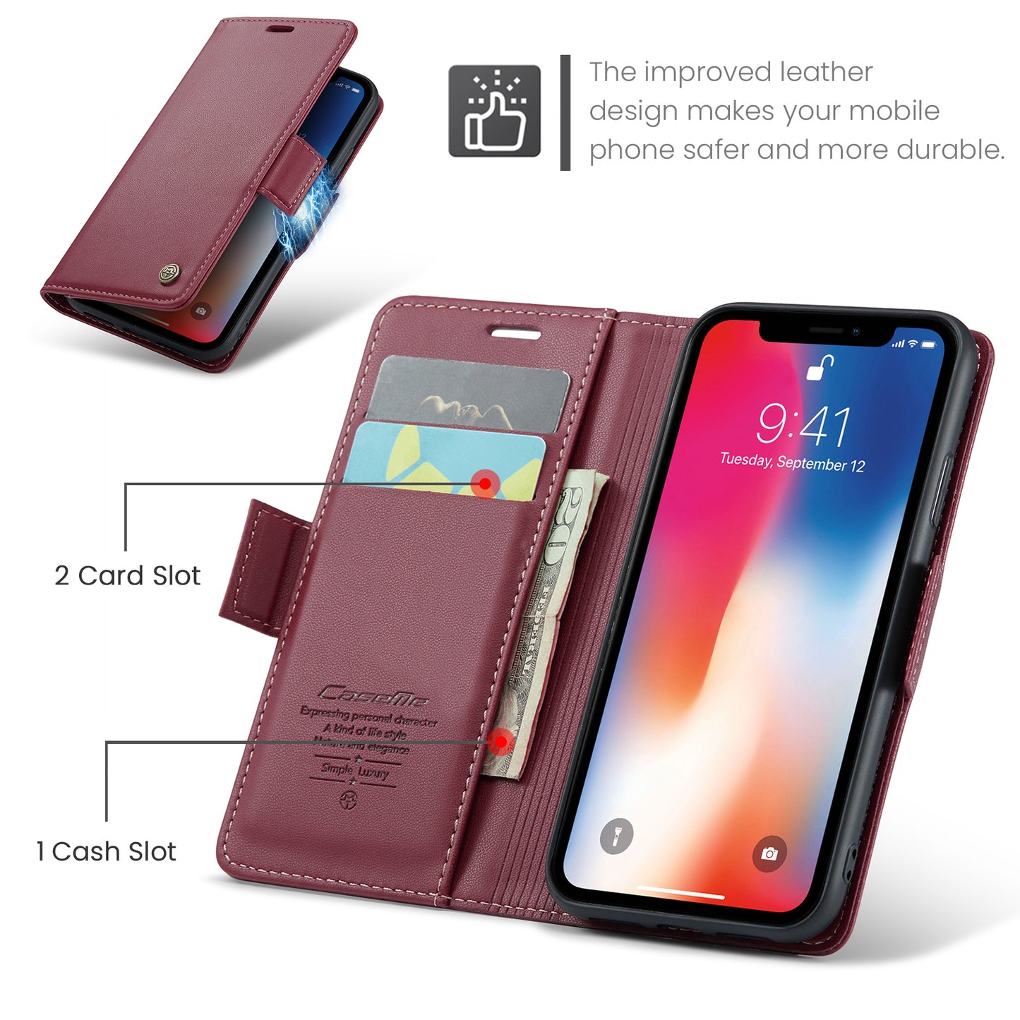 Caseme RFID Blocking Leather Case for iPhone XS , Litchi Texture Stand Wallet Phone Cover - Red