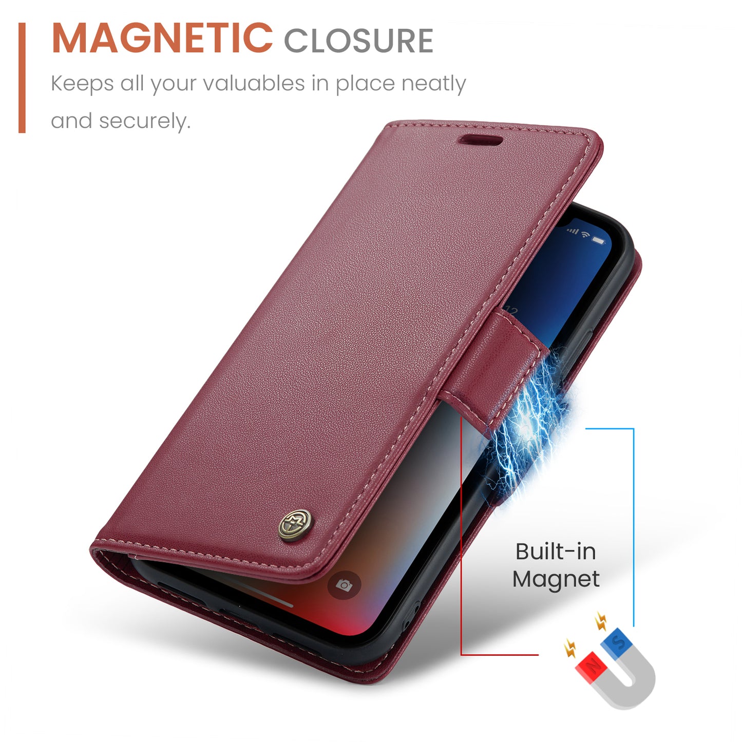 Caseme RFID Blocking Leather Case for iPhone XS , Litchi Texture Stand Wallet Phone Cover - Red
