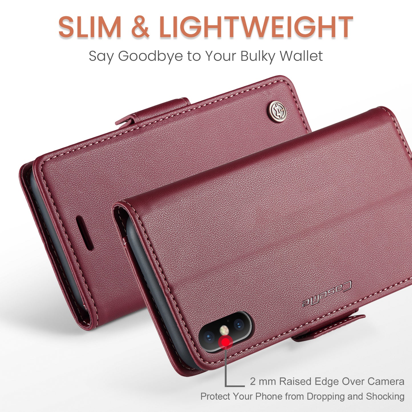Caseme RFID Blocking Leather Case for iPhone XS , Litchi Texture Stand Wallet Phone Cover - Red